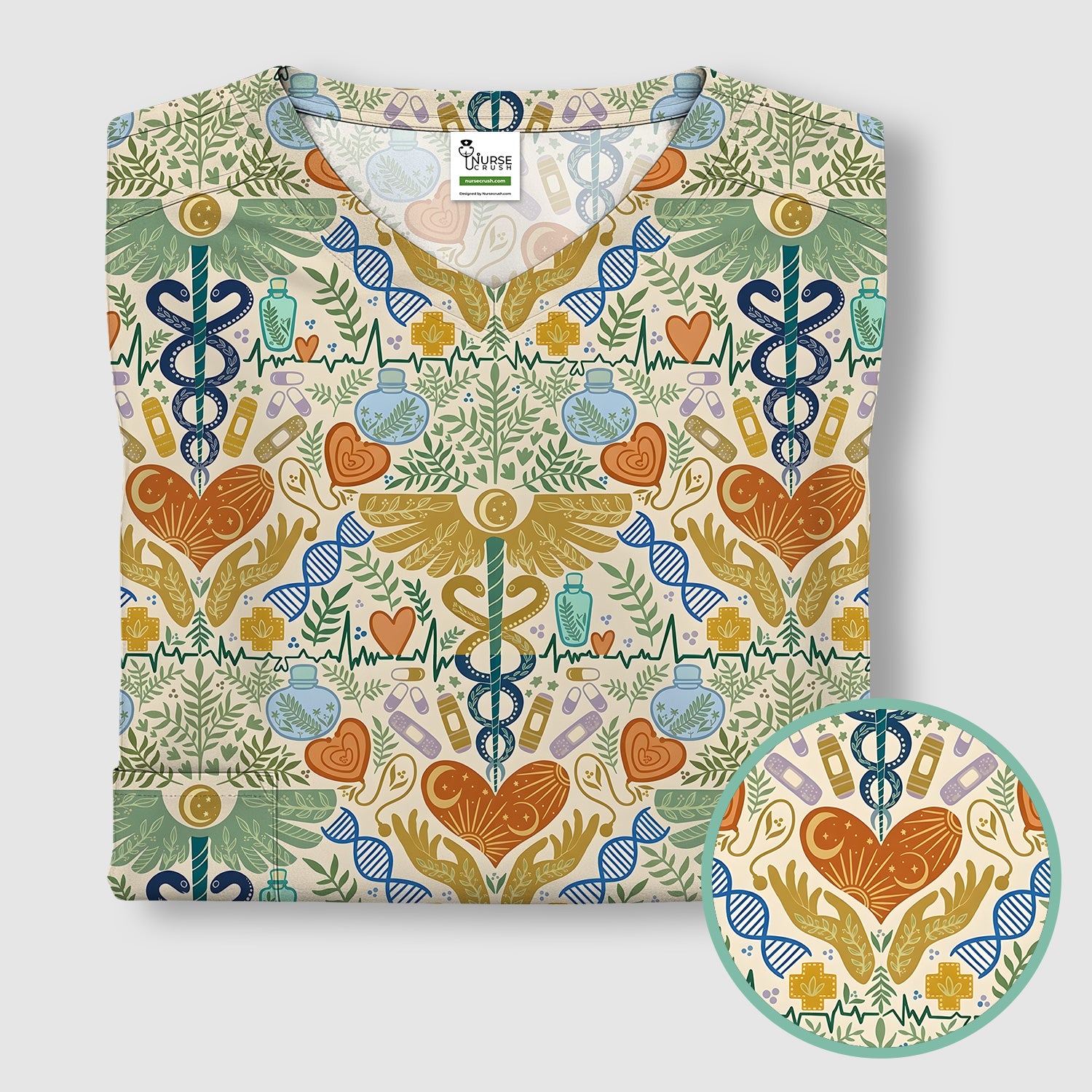Inspirational Botanical Medical Caduceus Heart Nurse Pattern Scrub Top, Breathable Fabrics Nursing Uniform