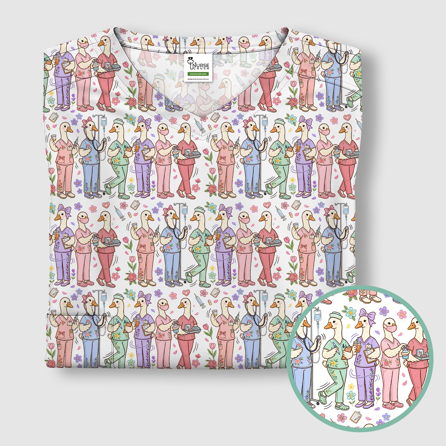 Goose Characters Floral Medical Team Uniform Pattern Scrub Top, Breathable Fabrics Nursing Uniform