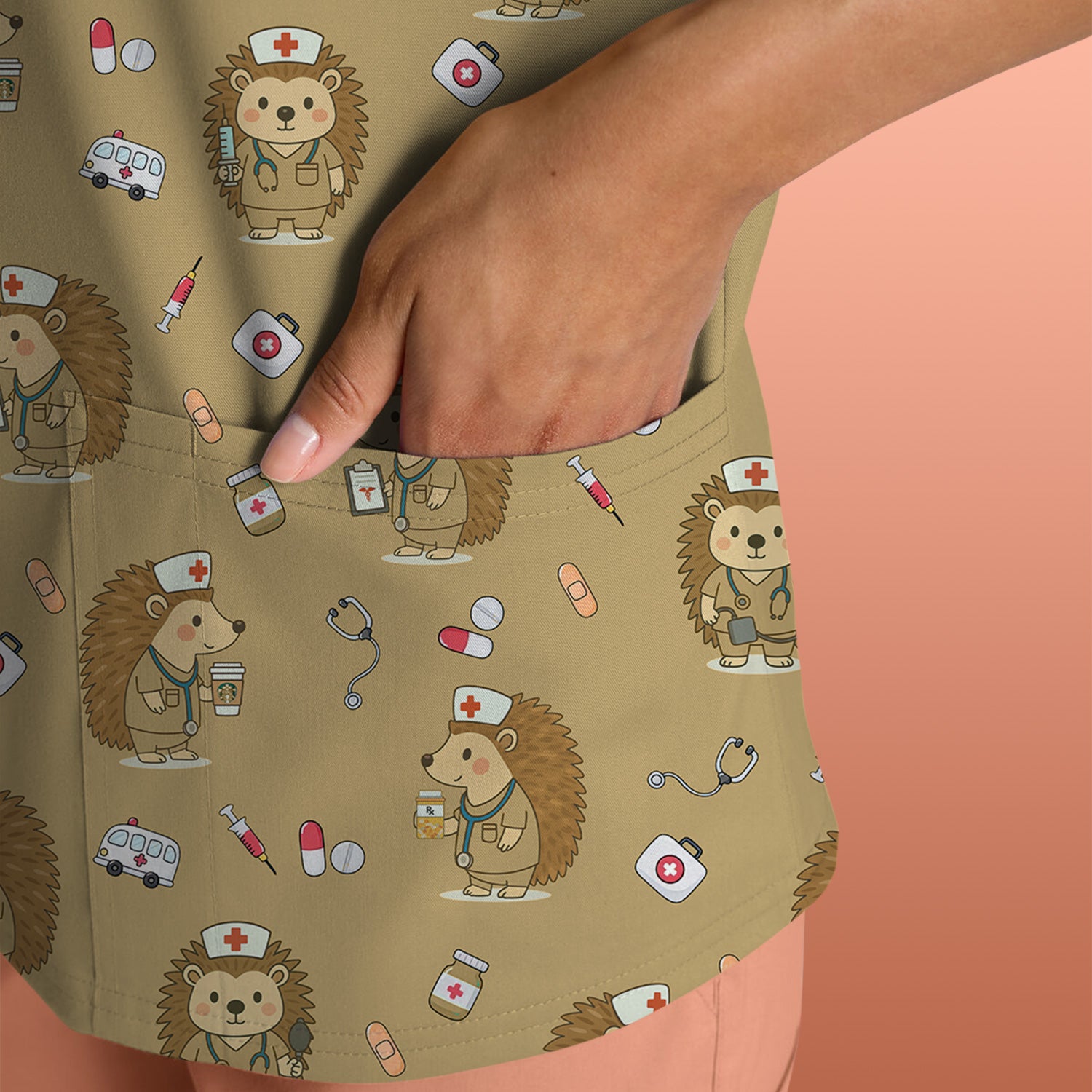 Cute Hedgehog Nurse Scrub Top - Funny Animal & Medical Design - Gift for Women RN LPN Pediatric Nurses