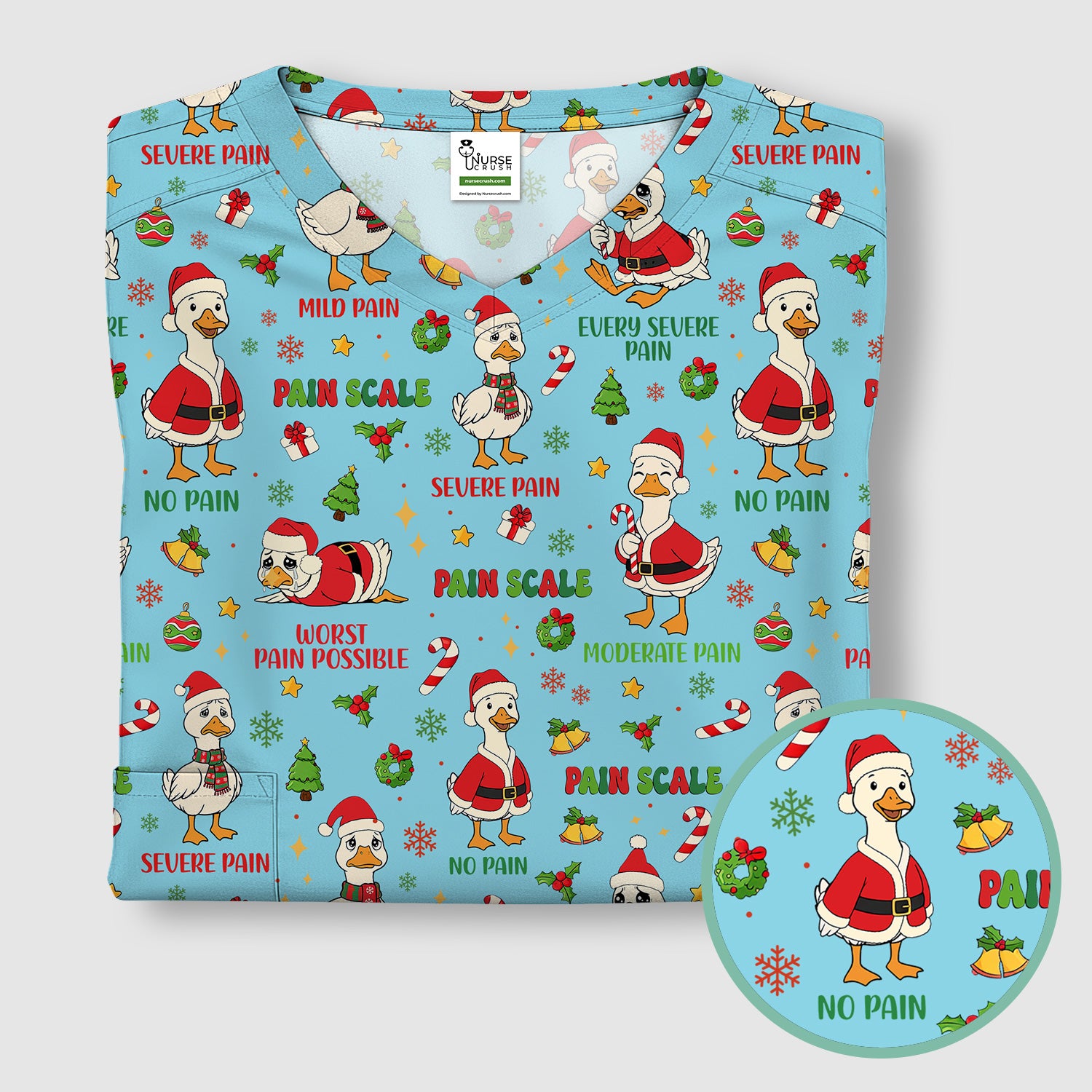 Funny Goose Christmas Scrub Top - Pain Scale Nurse Pattern Shirt - Cute Holiday Medical Scrubs for Women