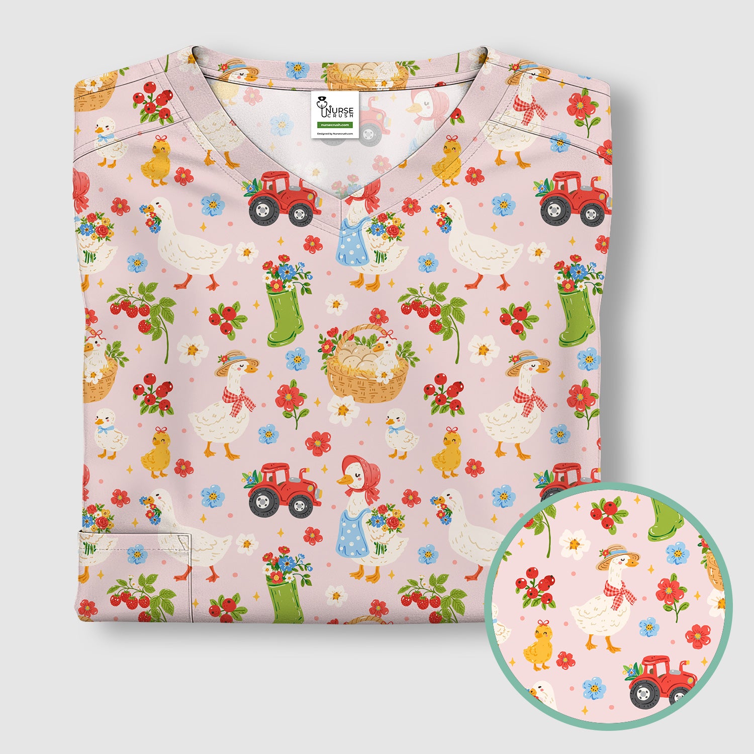 Farm Duck Chicken Tractor Flower Basket Scrub Top, Breathable Fabrics Nursing Uniform