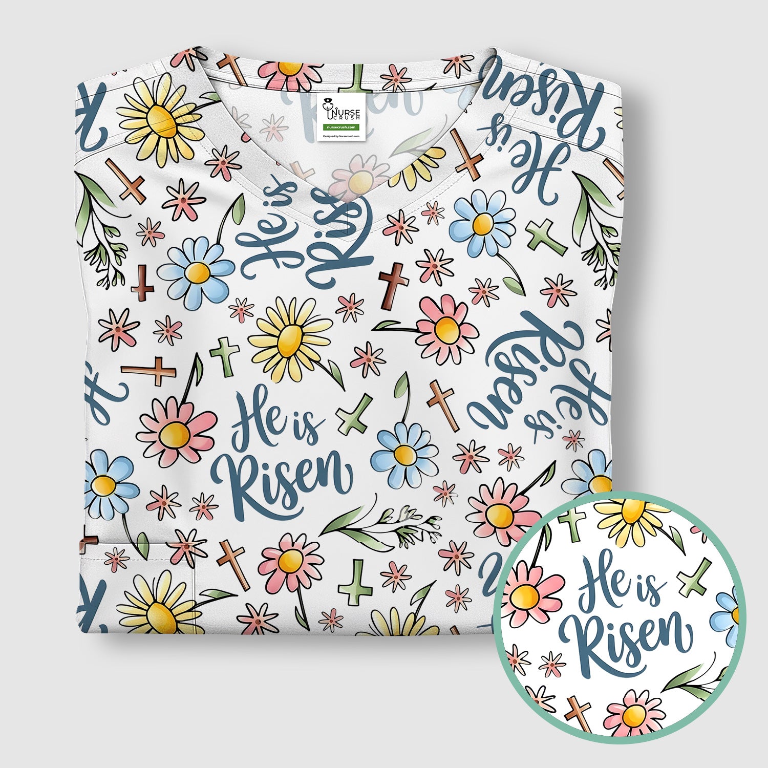 He Is Risen Cross Flower Pattern Scrub Top, Comfortable Scrubs For Nurses