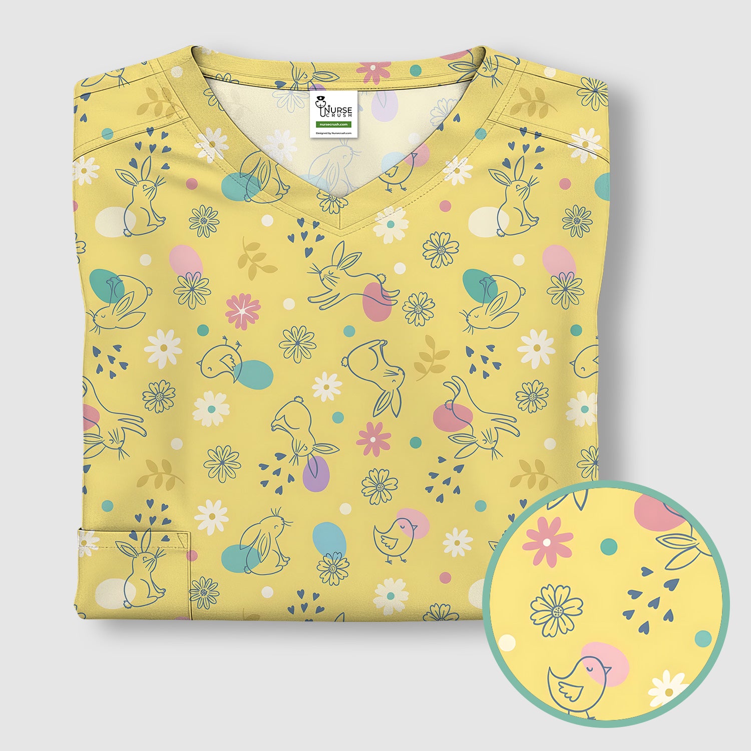 Whimsical Easter Bunny Eggs Pattern Scrub Top, Comfortable Scrubs for Nurses