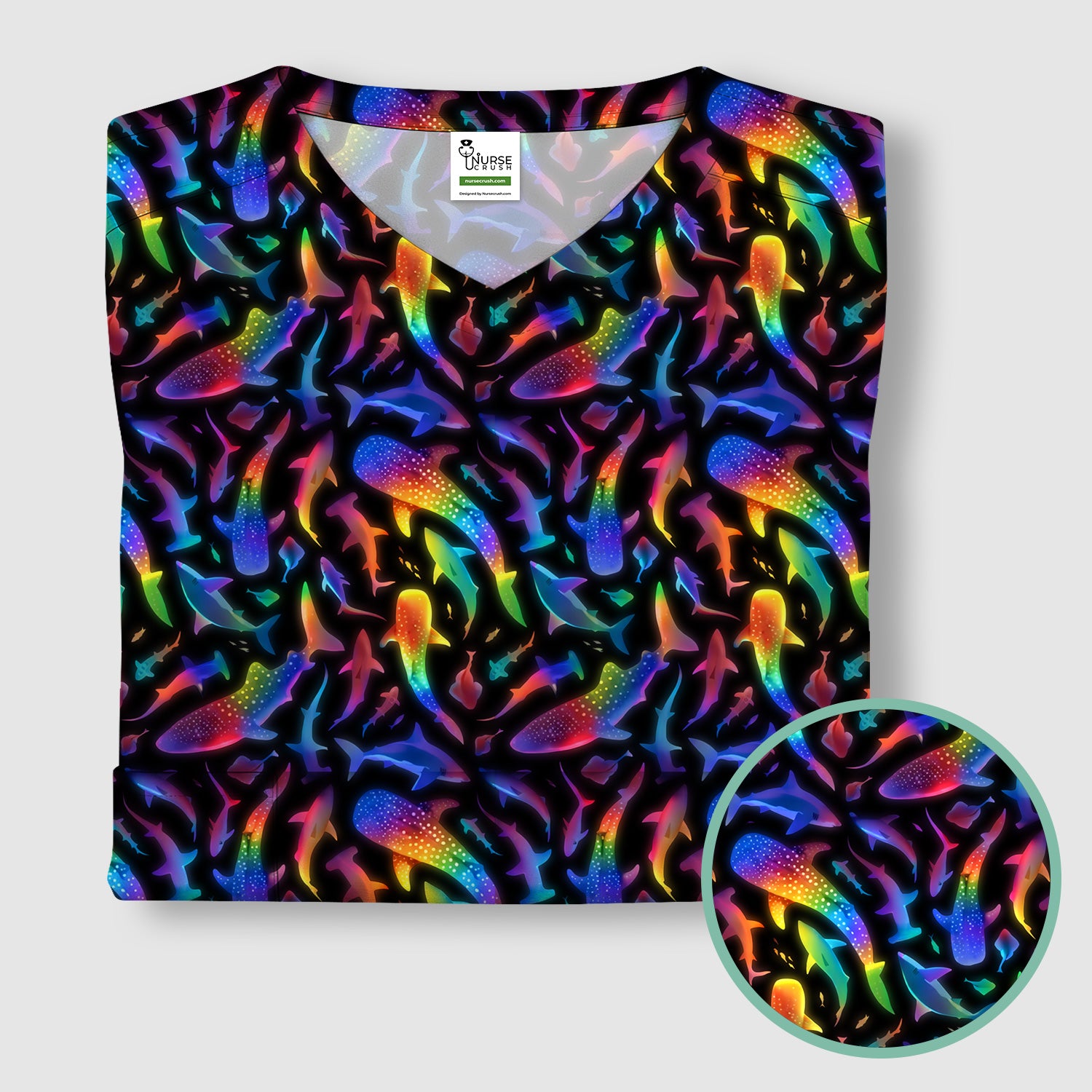 Vibrant Rainbow Shark Pattern Scrub Top, Comfortable Scrubs For Nurses