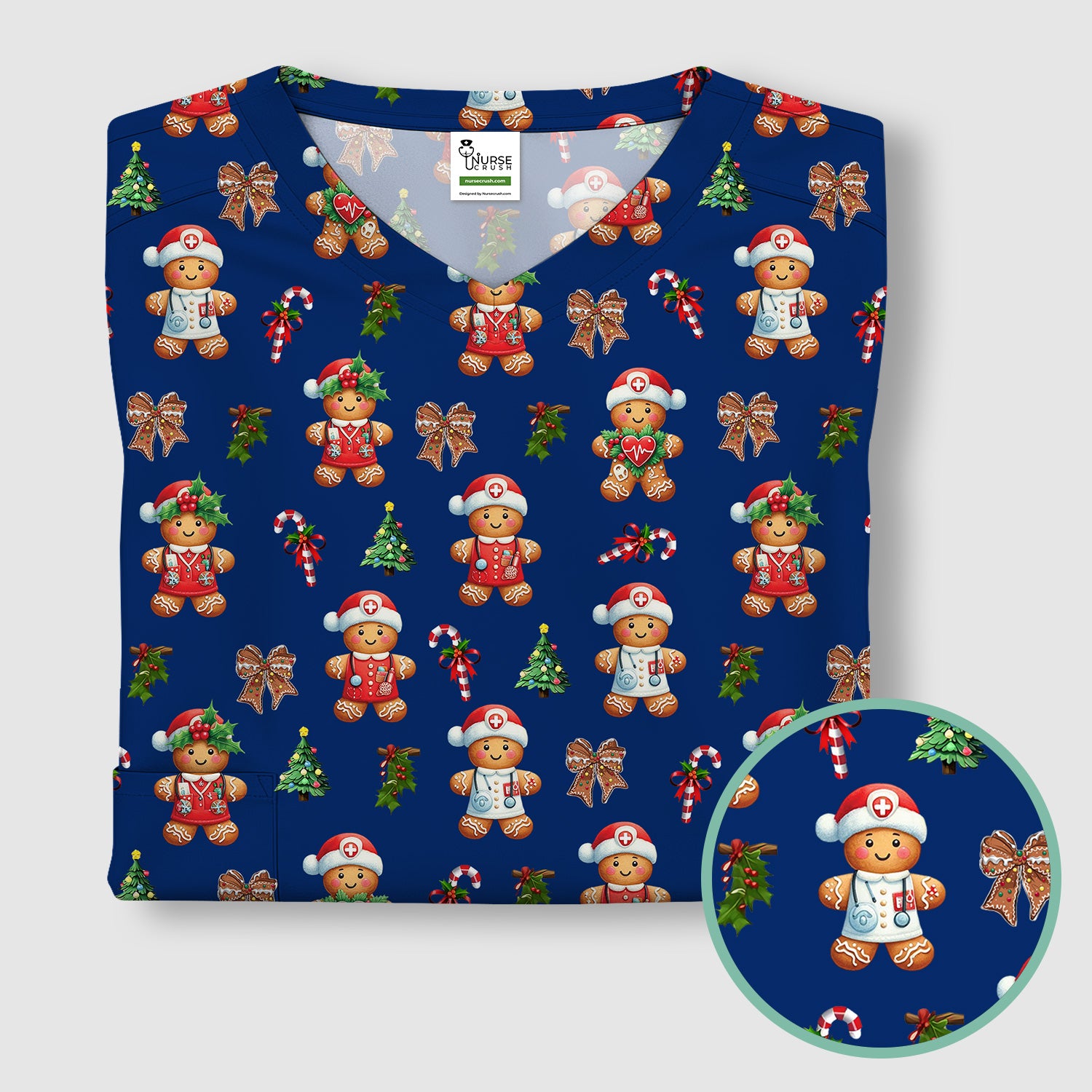 Funny Christmas Scrub Top for Nurse - Adorable Gingerbread Candy Cane Bow- Festive Medical Uniform for Women