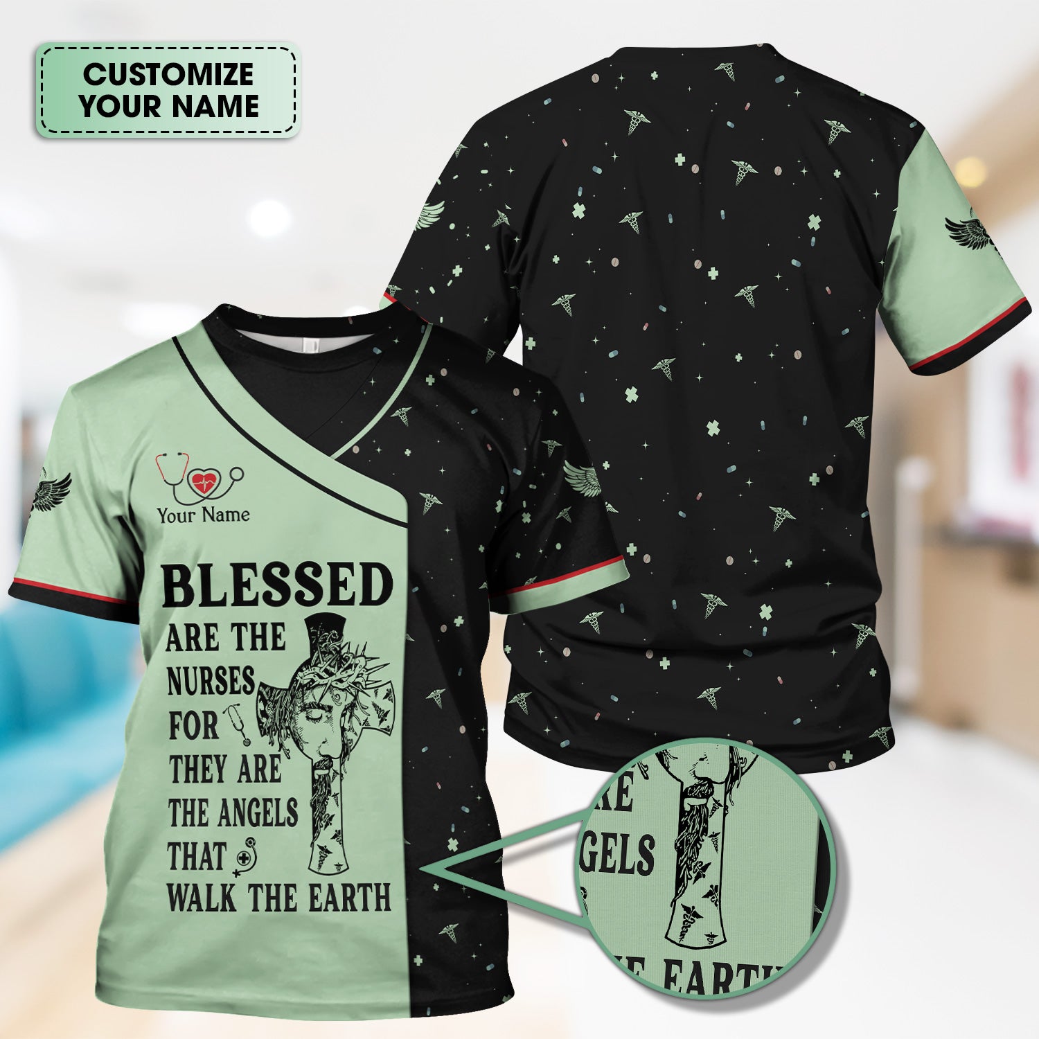 Personalized Christian Nurse Scrub Top - Jesus Cross & Angels That Walk The Earth Quote - Gift for Women RN LPN