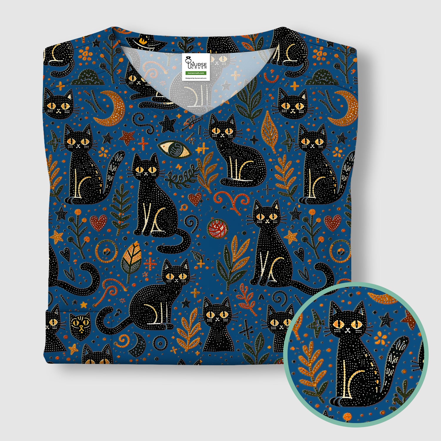 Mystic Black Cat Celestial Doodle Pattern Scrub Top, Comfortable Scrubs for Nurses