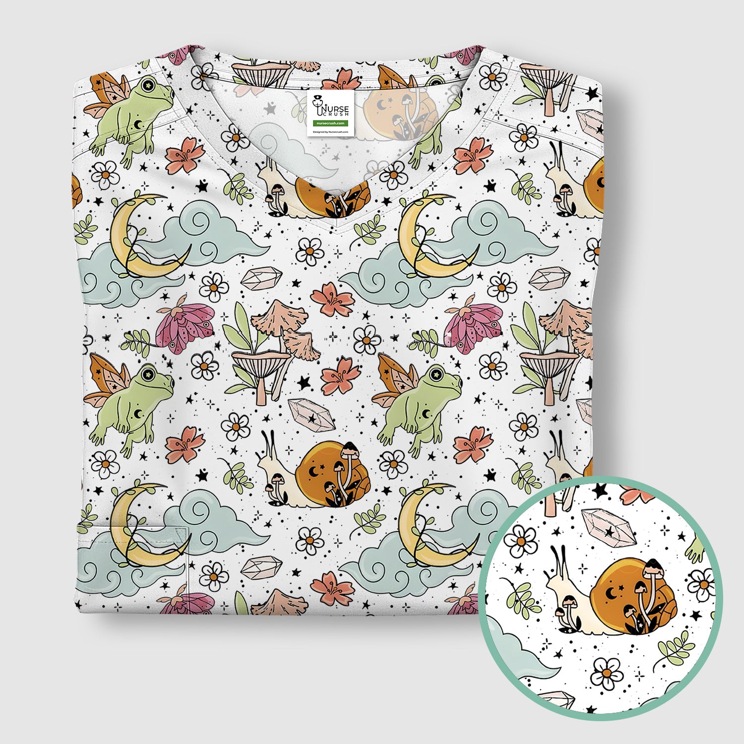 Whimsical Frog Moon Mushroom Pattern Scrub Top, Fantasy Nature Print, Breathable Fabrics Nursing Uniform