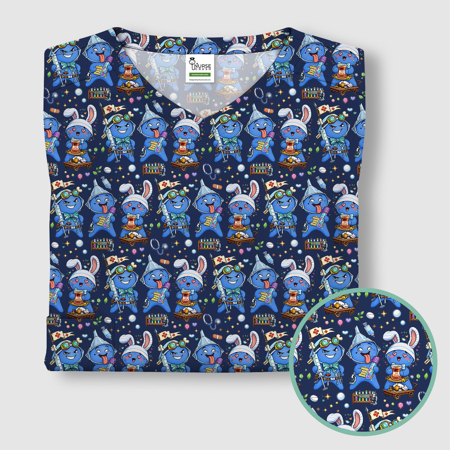 Cute Glove Doll Hospital Medical Cartoon Nurse Pattern Scrub Top, Comfortable Scrubs for Nurses