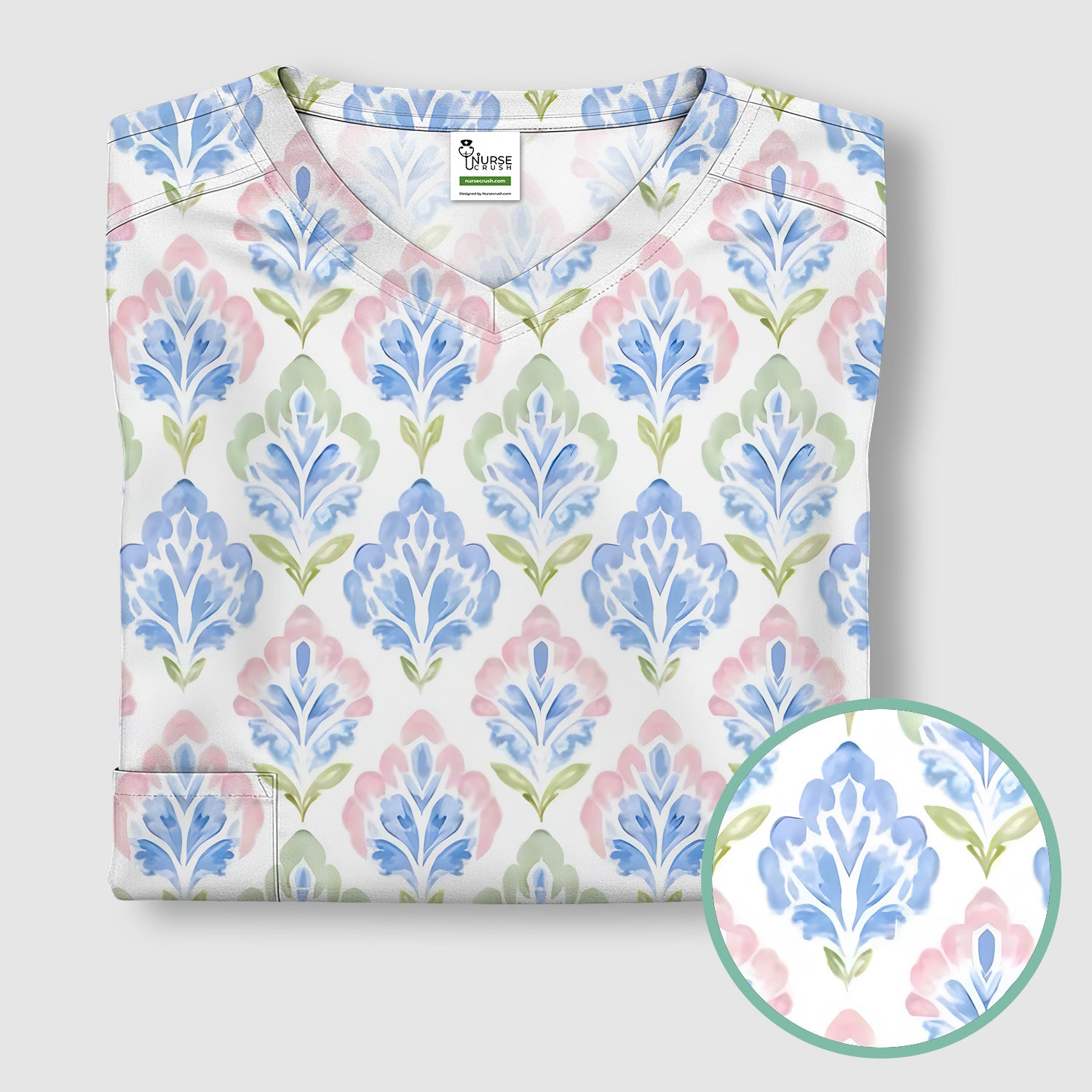 Blue Floral Damask Pattern Scrub Top, Breathable Fabrics Nursing Uniform