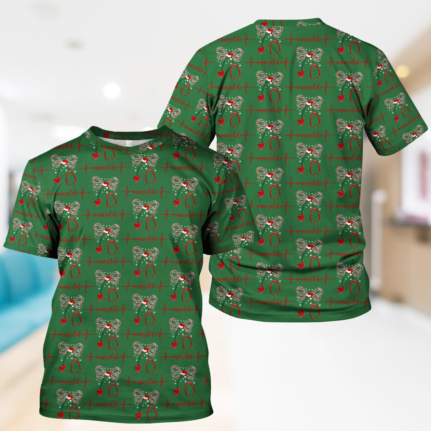 Personalized Funny Nurse Christmas Scrub Top - Stethoscope with Holiday Bow & Heartbeat Pattern - Gift for RN LPN CNA Healthcare Staff