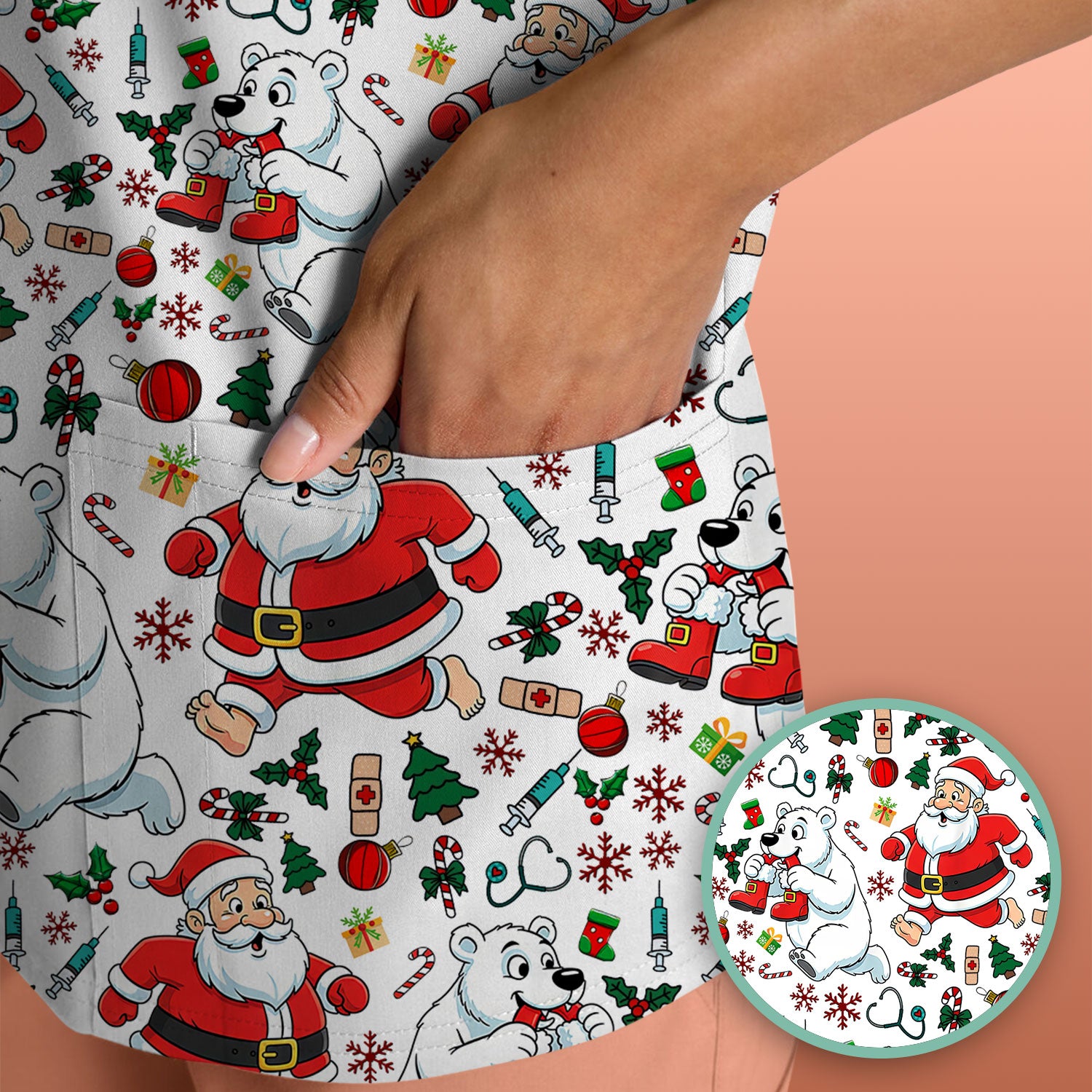Christmas Santa & Polar Bear Scrub Top - Funny Holiday Nurse Shirt for Women - Cute Winter Medical Uniform