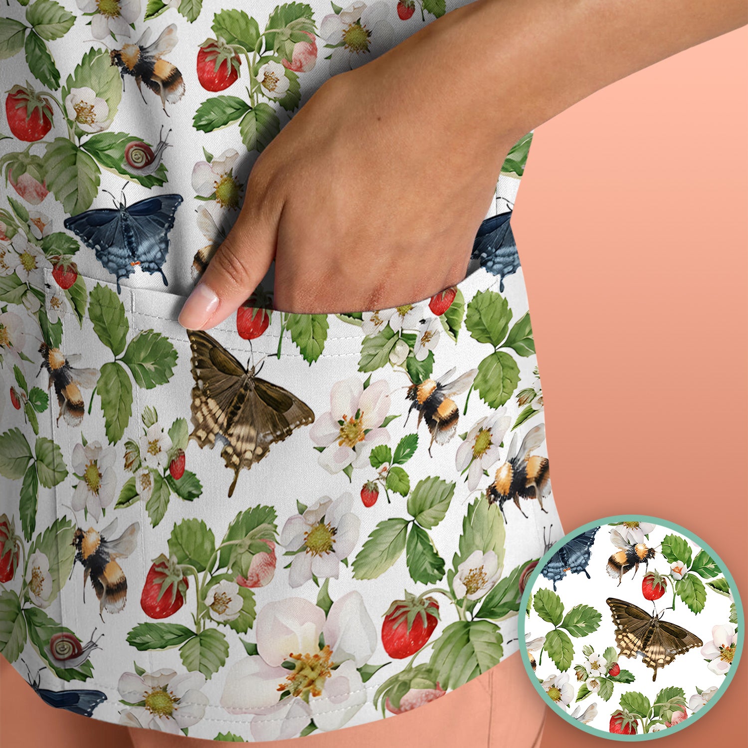 Charming Strawberry Butterfly Garden Pattern Scrub Top, Comfortable Scrubs for Nurses