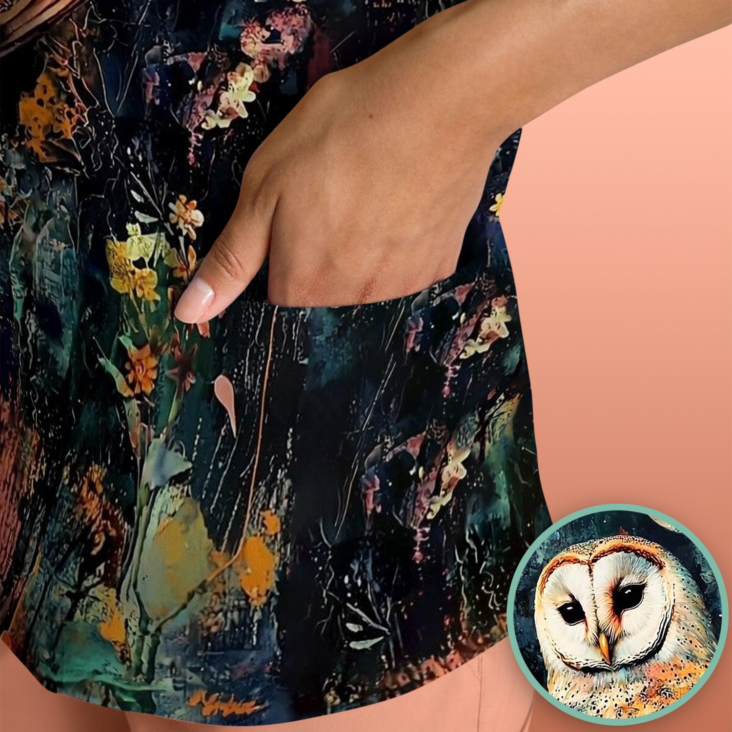 Moonlit Barn Owl Floral Pattern Scrub Top, Comfortable Scrubs for Nurses
