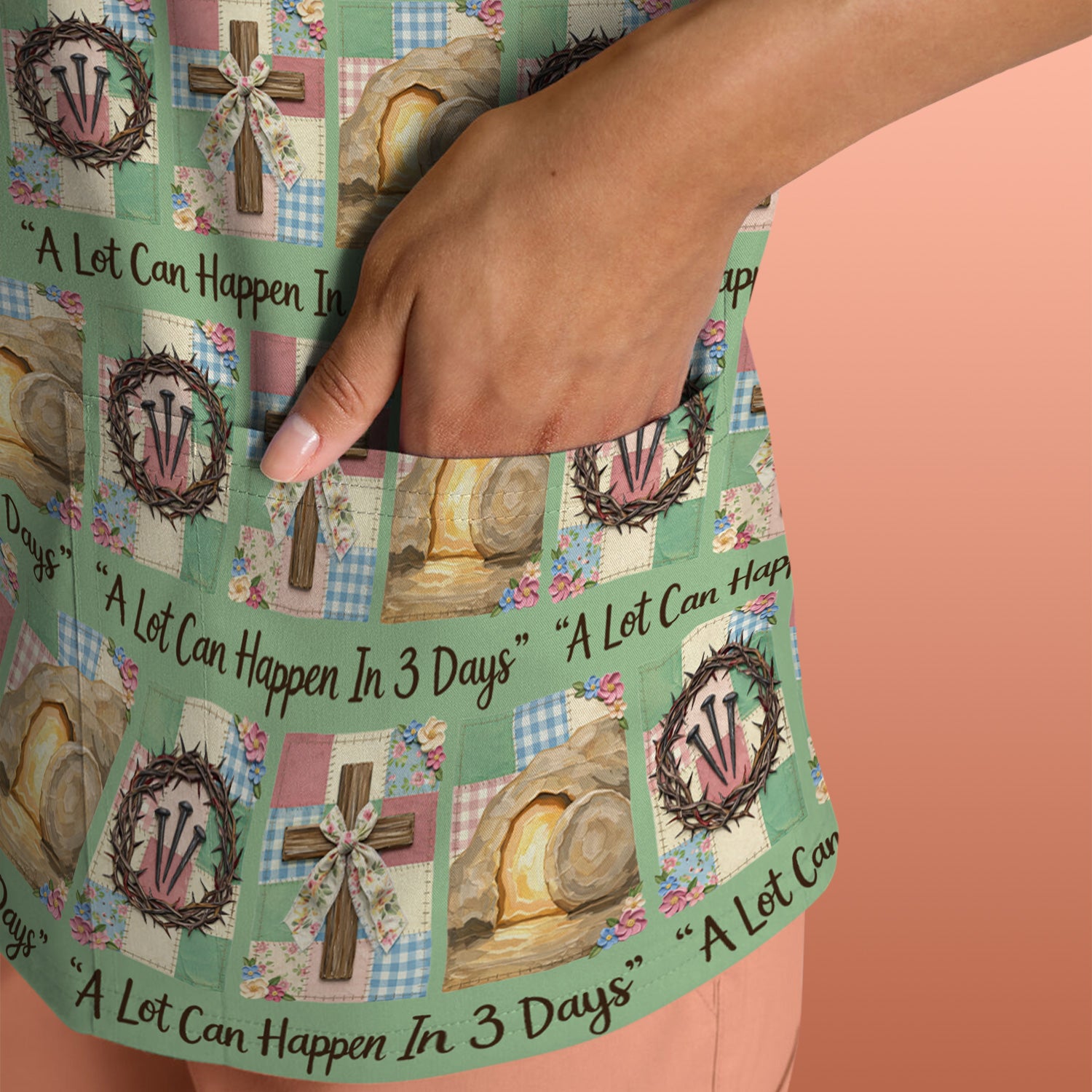 Christian Easter Cross Print Scrub Top, Breathable Fabrics Nursing Uniform
