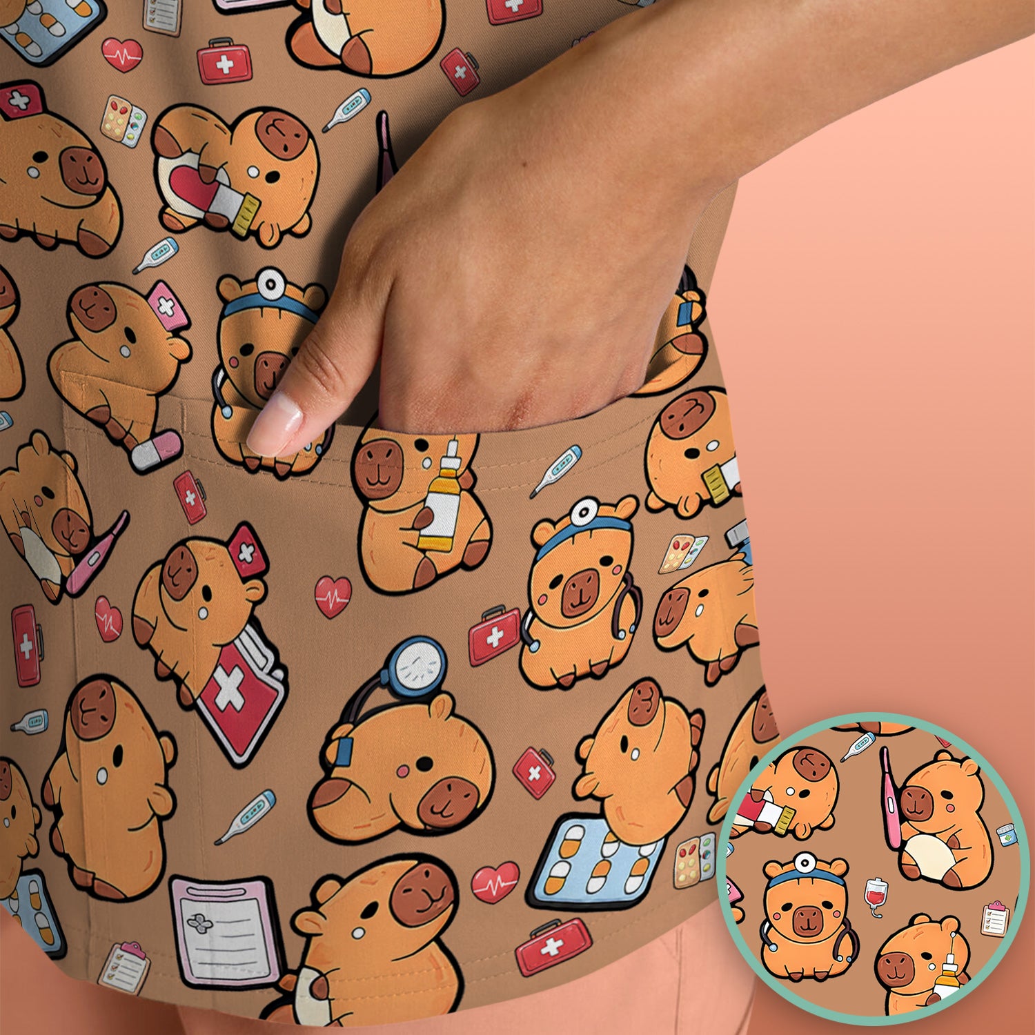 Capybara With Stethoscope And Medical Tools Seamless Scrub Top, Breathable Fabrics Nursing Uniform