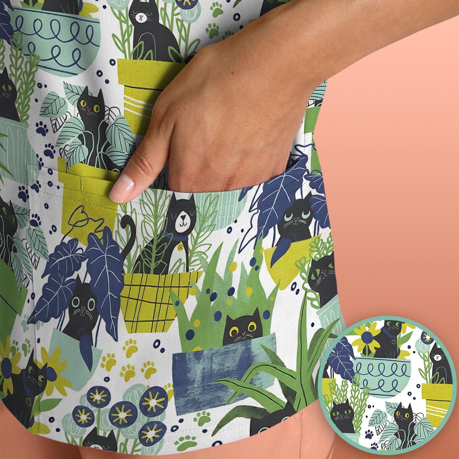 Black Cat Planter Garden Pattern Scrub Top, Comfortable Scrubs for Nurses