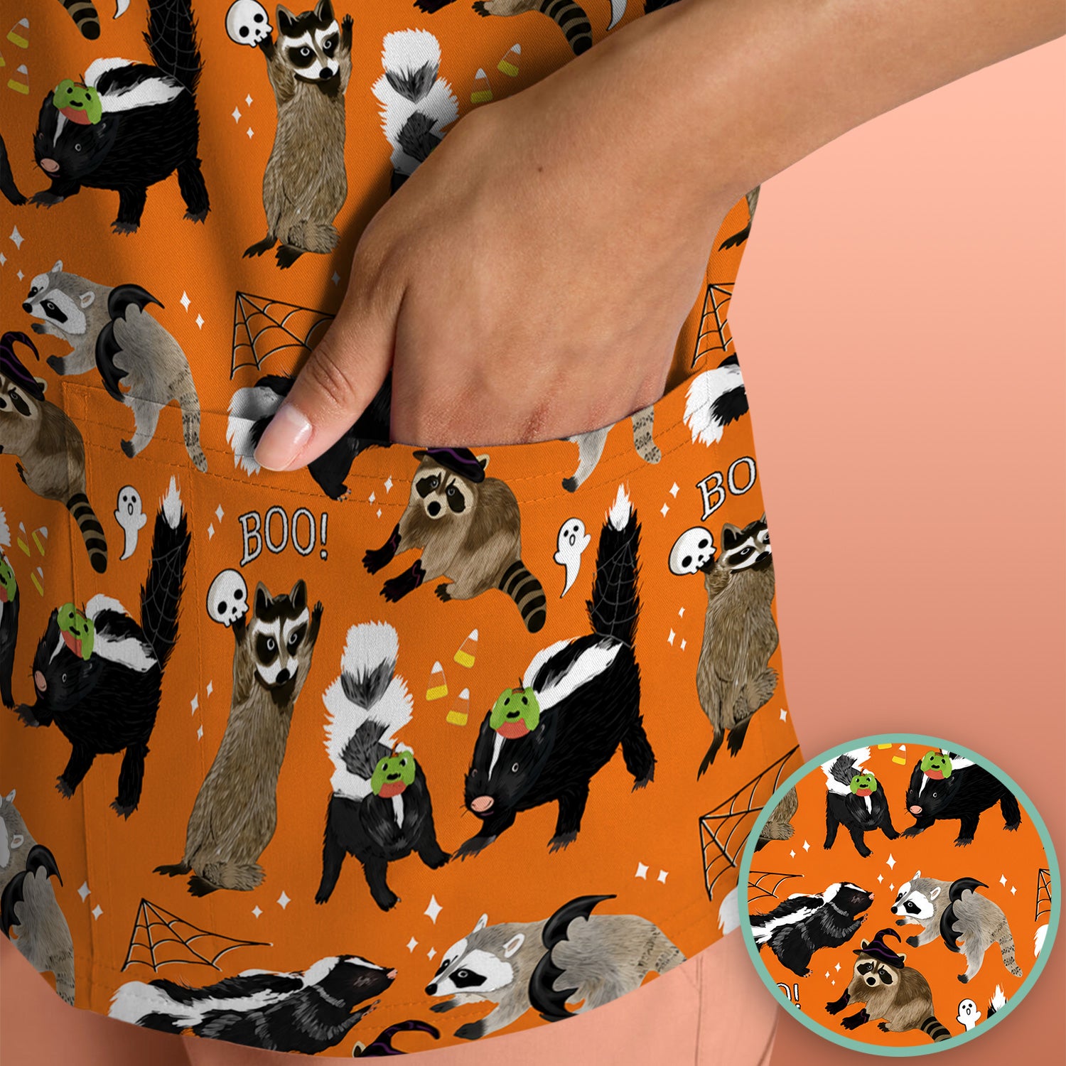 Halloween Wildlife with Skunk Raccoon Pattern Scrub Top, Comfortable Scrubs for Nurses