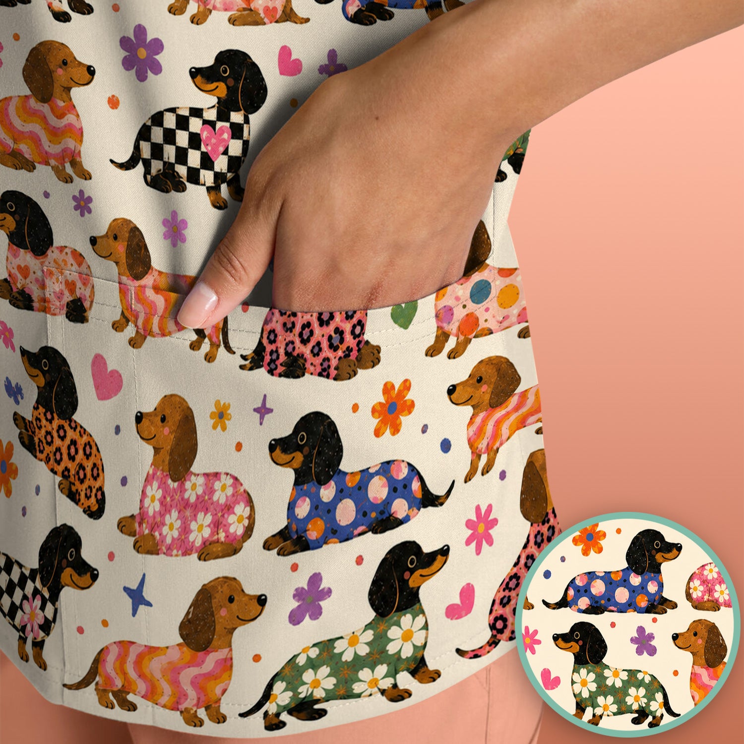 Floral Dachshund Print Scrub Top, Comfortable Scrubs for Nurses