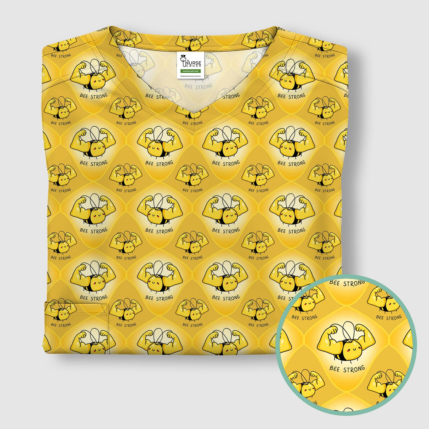 Bee Strong Honey Bee Pattern Scrub Top, Comfortable Scrubs for Nurses