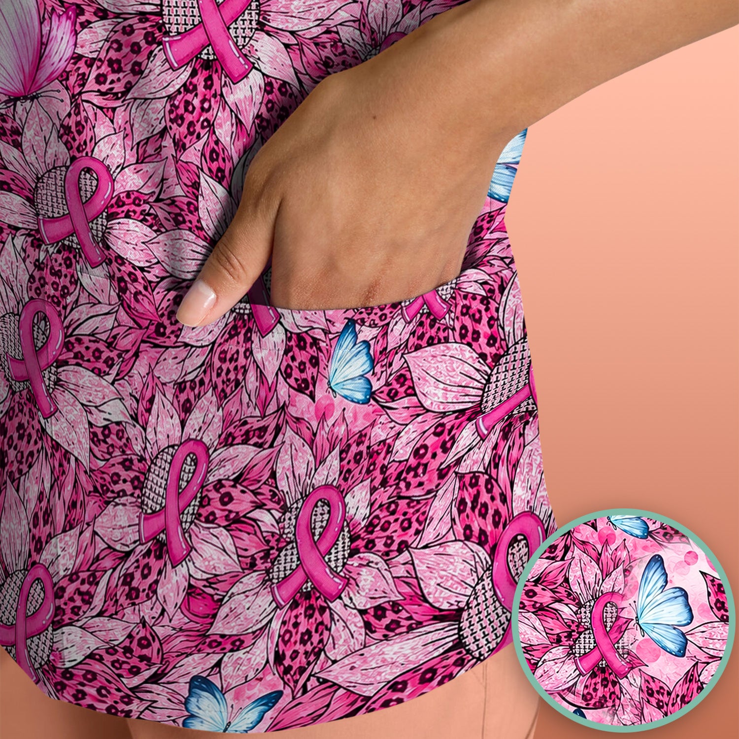 Pink Ribbon Butterfly Breast Cancer Scrub Top, Comfortable Scrubs for Nurses