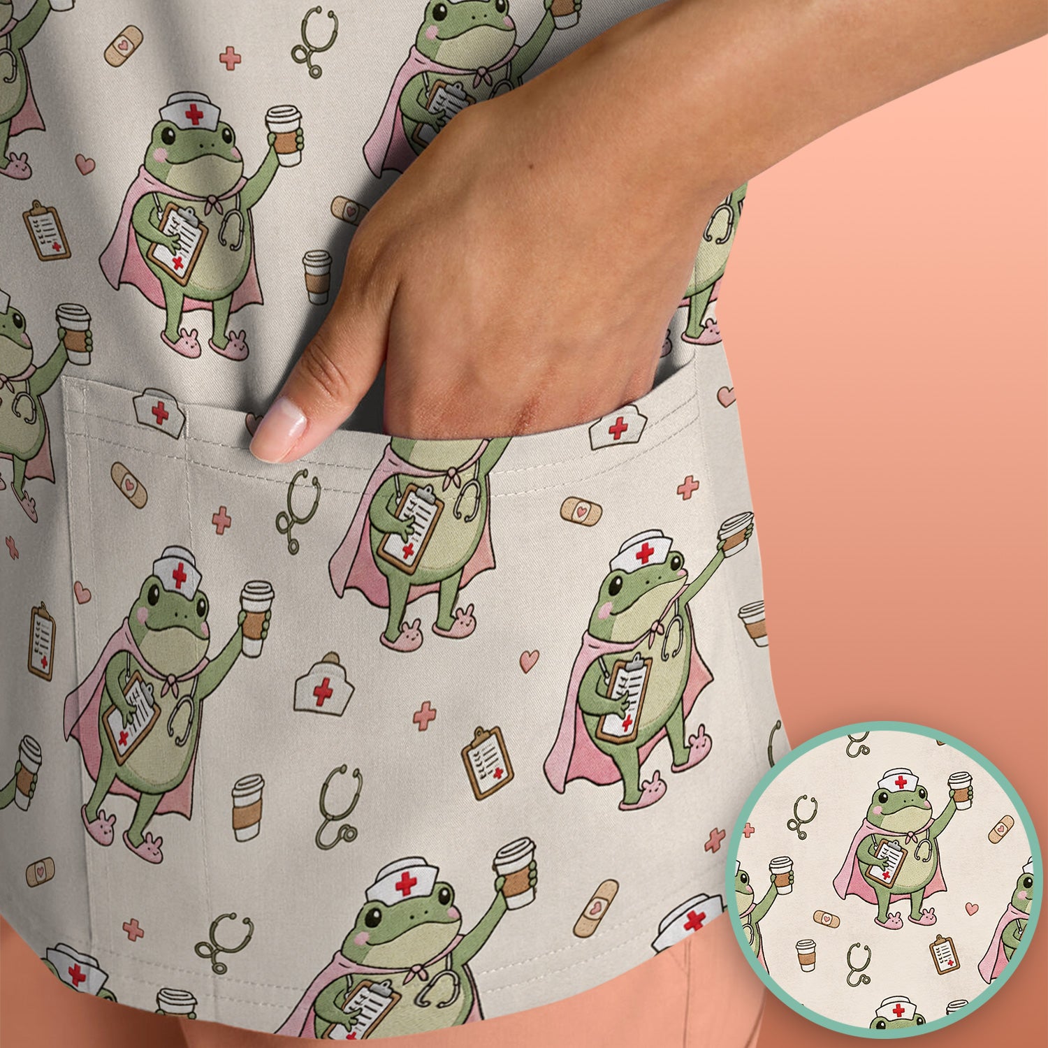 Cute Super Nurse Frog Pattern Scrub Top, Comfortable Scrubs for Nurses