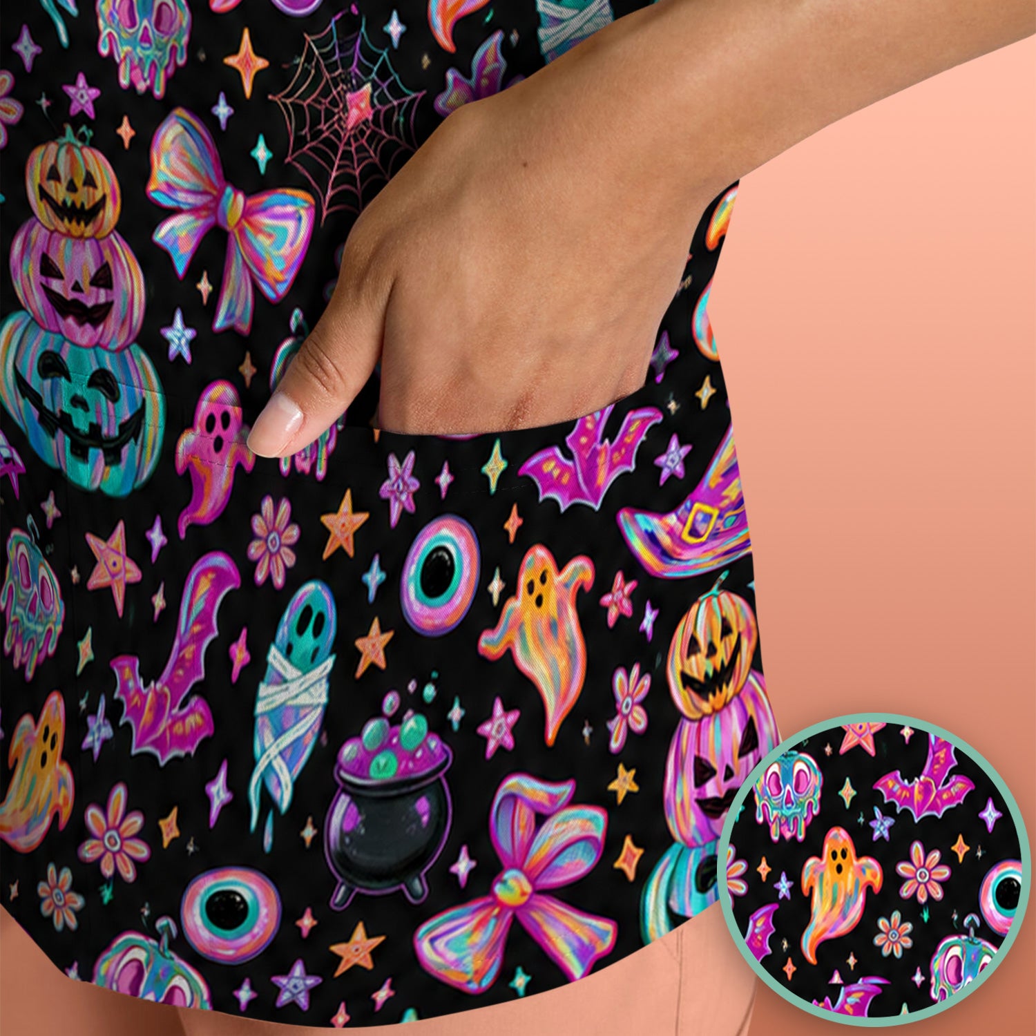 Halloween Ghost with Pumpkin Bat Print Scrub Top, Comfortable Scrubs for Nurses