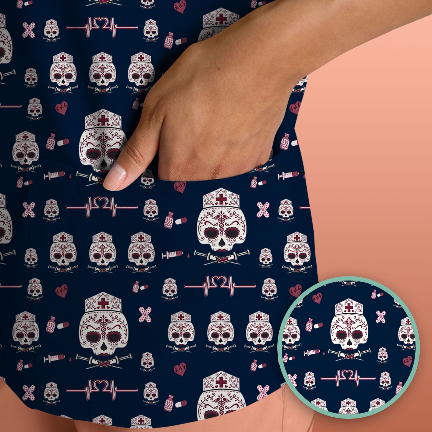 Sugar Skull Scrub Top, Skull Pattern Scrub Shirt, Breathable Fabrics Nursing Uniform