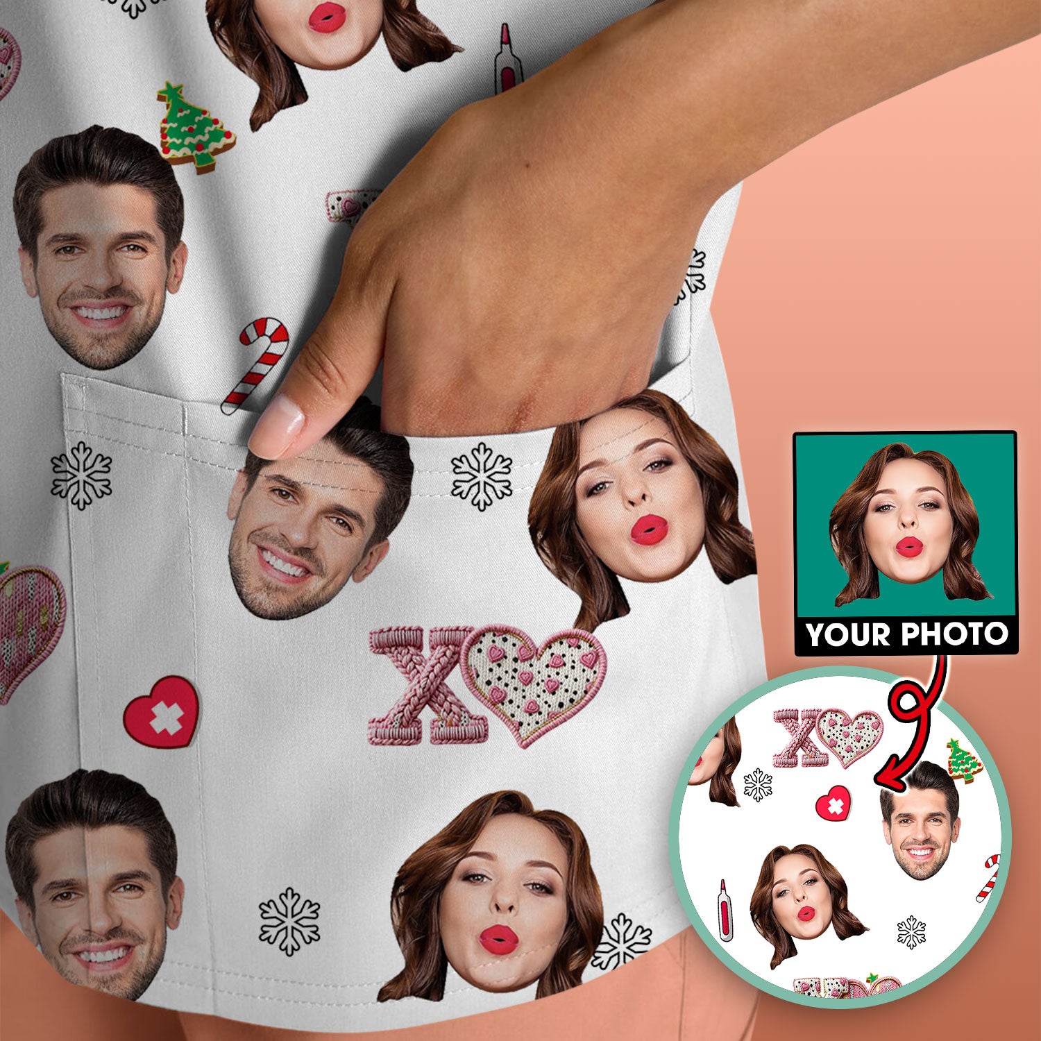 Custom Face Pattern XOXO Scrub Shirt, Personalized Photo Scrub Top, Breathable Fabrics Nursing Uniform