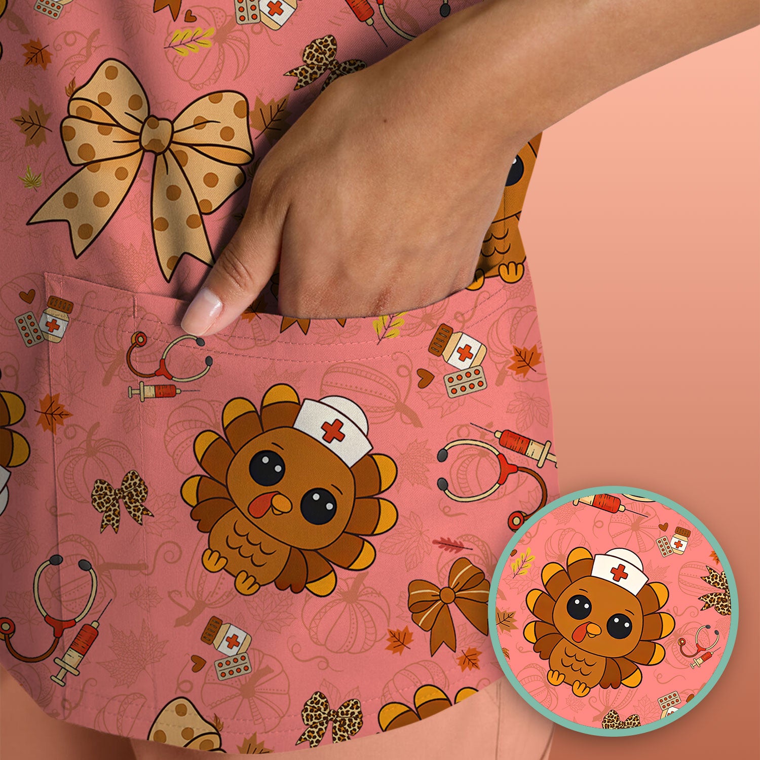Thanksgiving Turkey Nurse Scrub Top for Women - Cute Fall Leaves and Bow Shirt - Autumn Medical Shirt Gift for RN CNA LPN Doctor