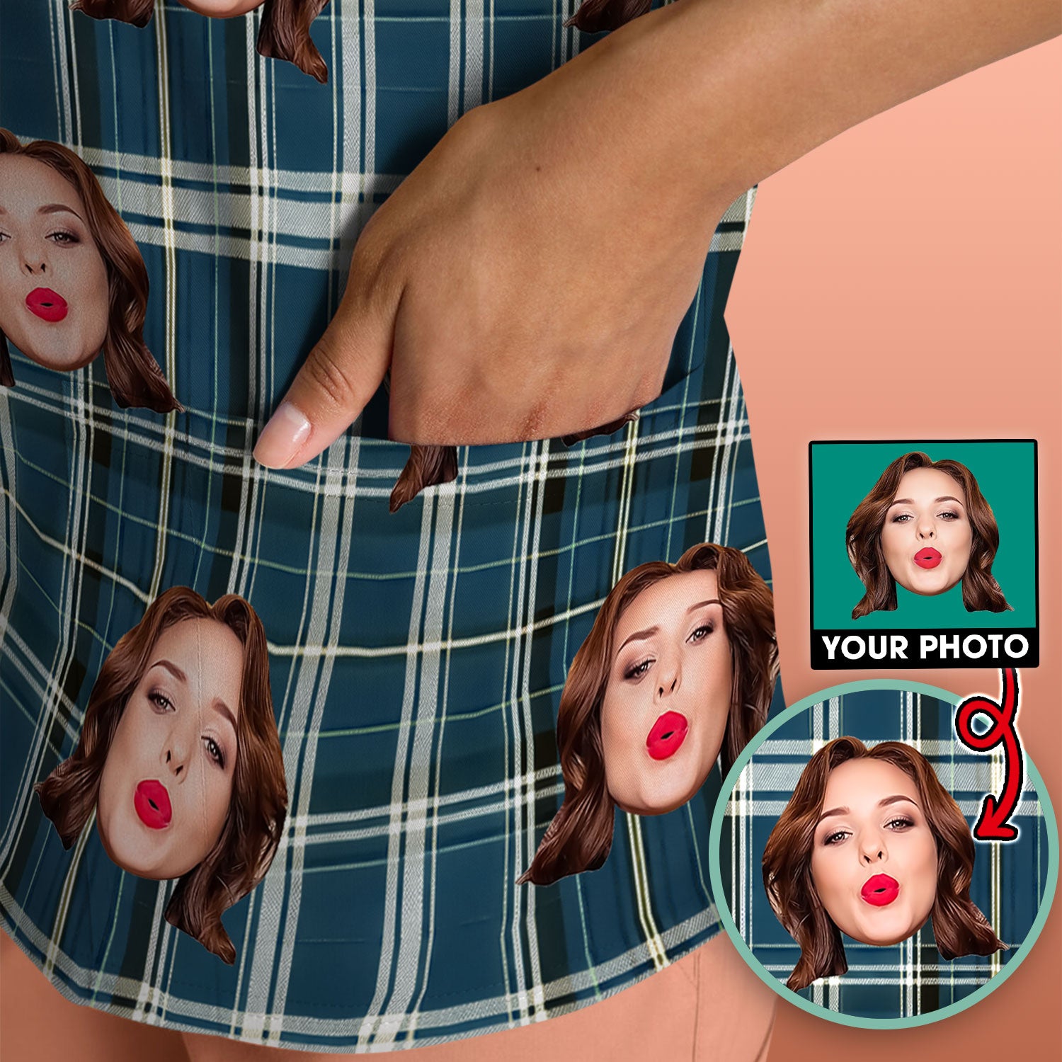 Personalized Funny Face Plaid Scrub Top, Custom Photo Pattern Medical Shirt, Breathable Fabrics Nursing Uniform