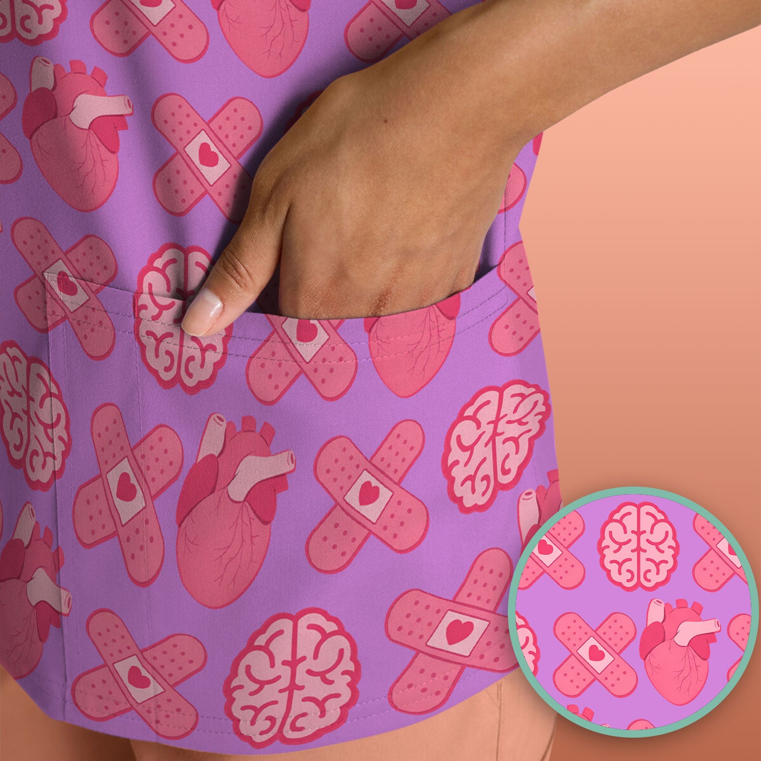 Heart & Brain Medical Icon Pattern Scrub Top, Breathable Fabrics Nursing Uniform