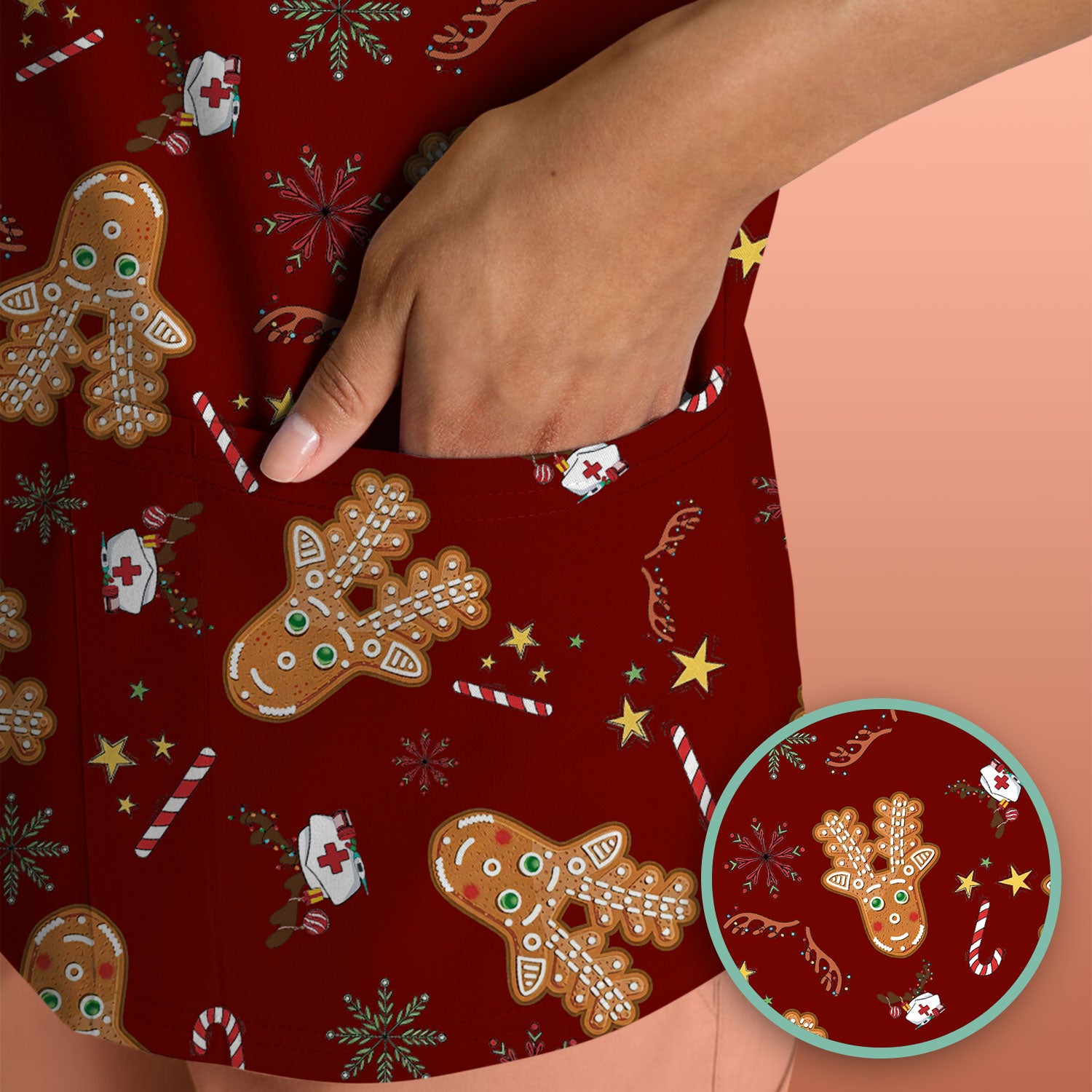 Gingerbread Cookies Reindeer Scrub Top - Funny Christmas Gingerbread Breathable Med Uniform - Comfortable Scrubs for RN CNA LPN