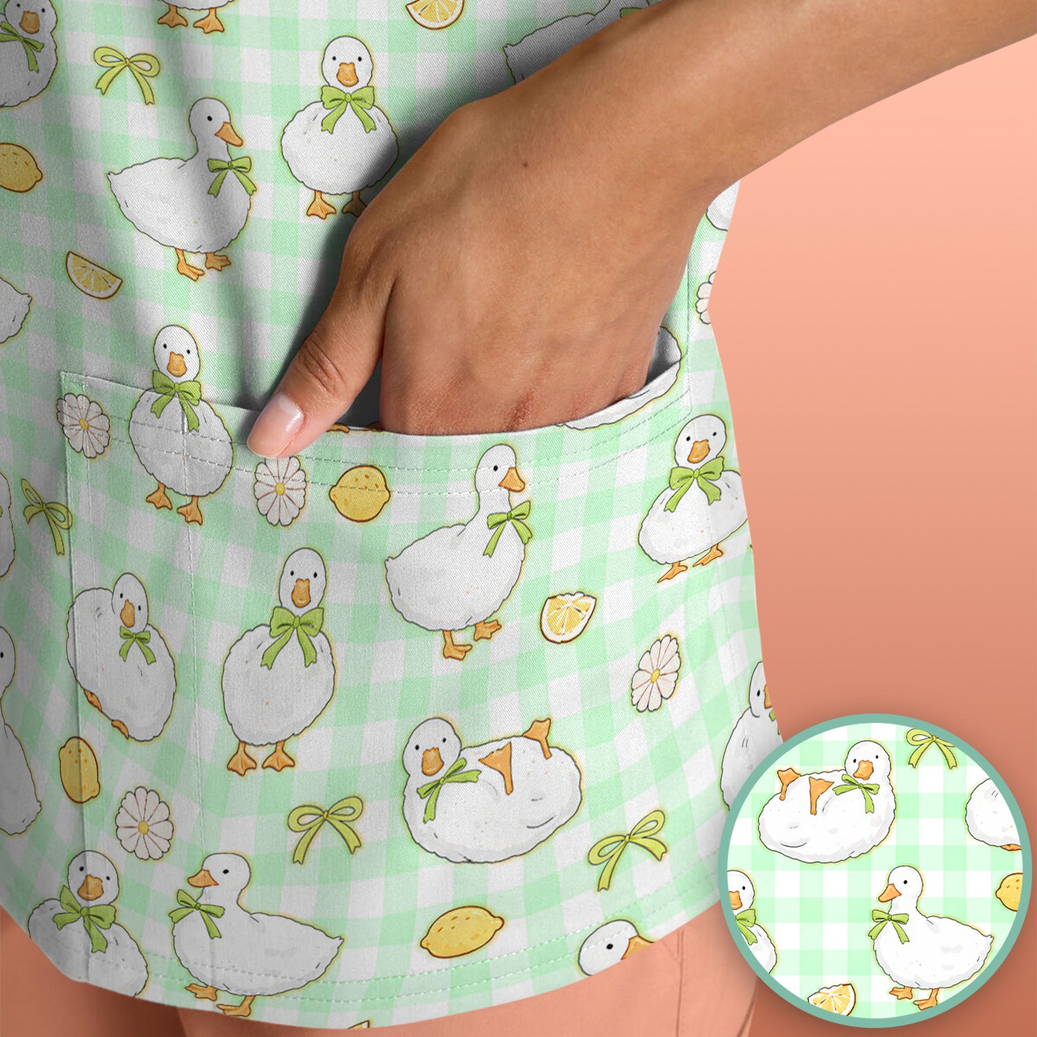 Adorable Ducks Lemon Daisy Pattern Scrubs Top, Comfortable Scrubs for Nurses