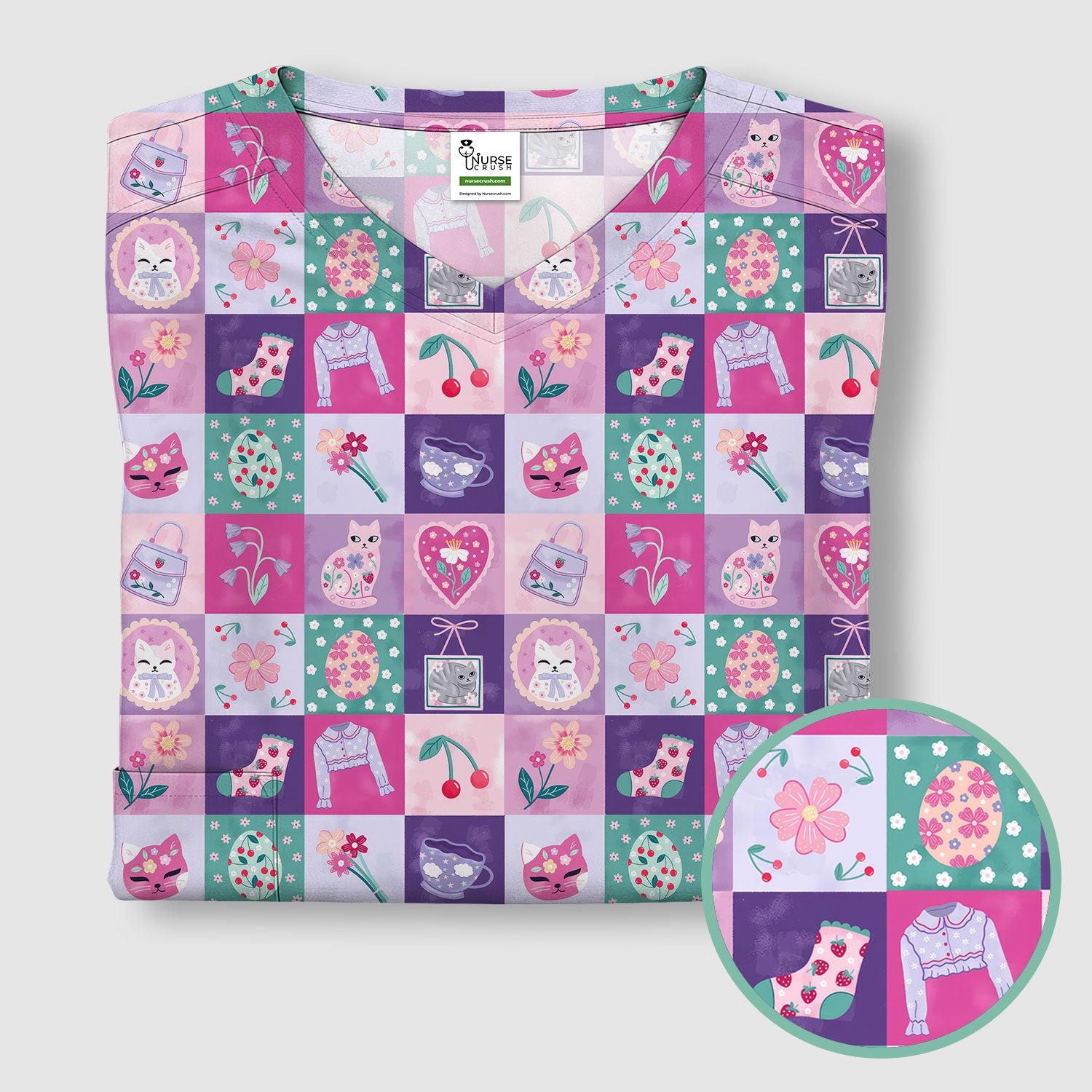 Pastel Cat Patchwork Scrub Top, Kawaii Floral Nursing Uniform