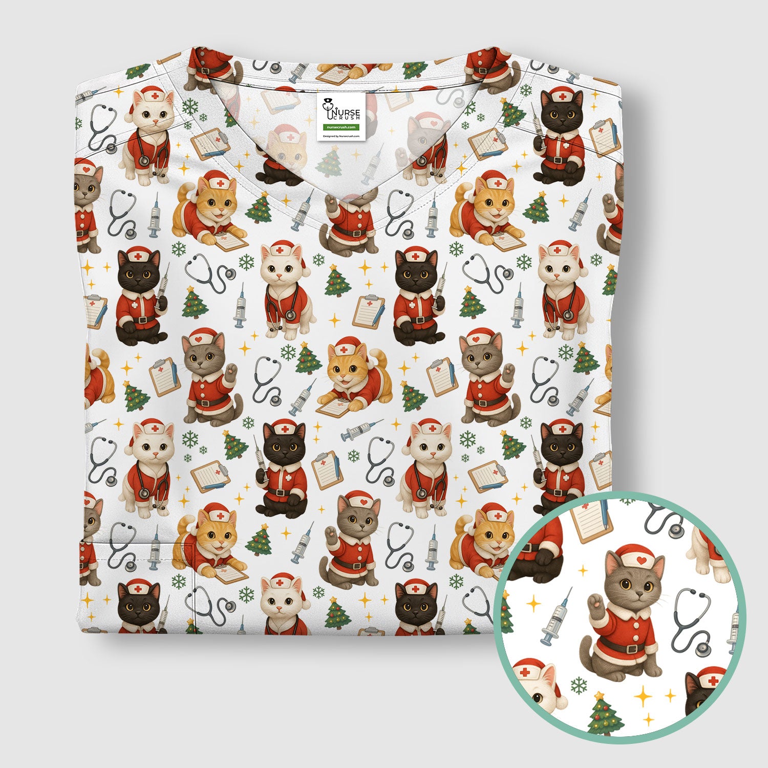 Funny Nurse Scrub Top for Women - Christmas Lucky Cat Design - Cute Holiday Nursing Shirt Gift for RN LPN CNA