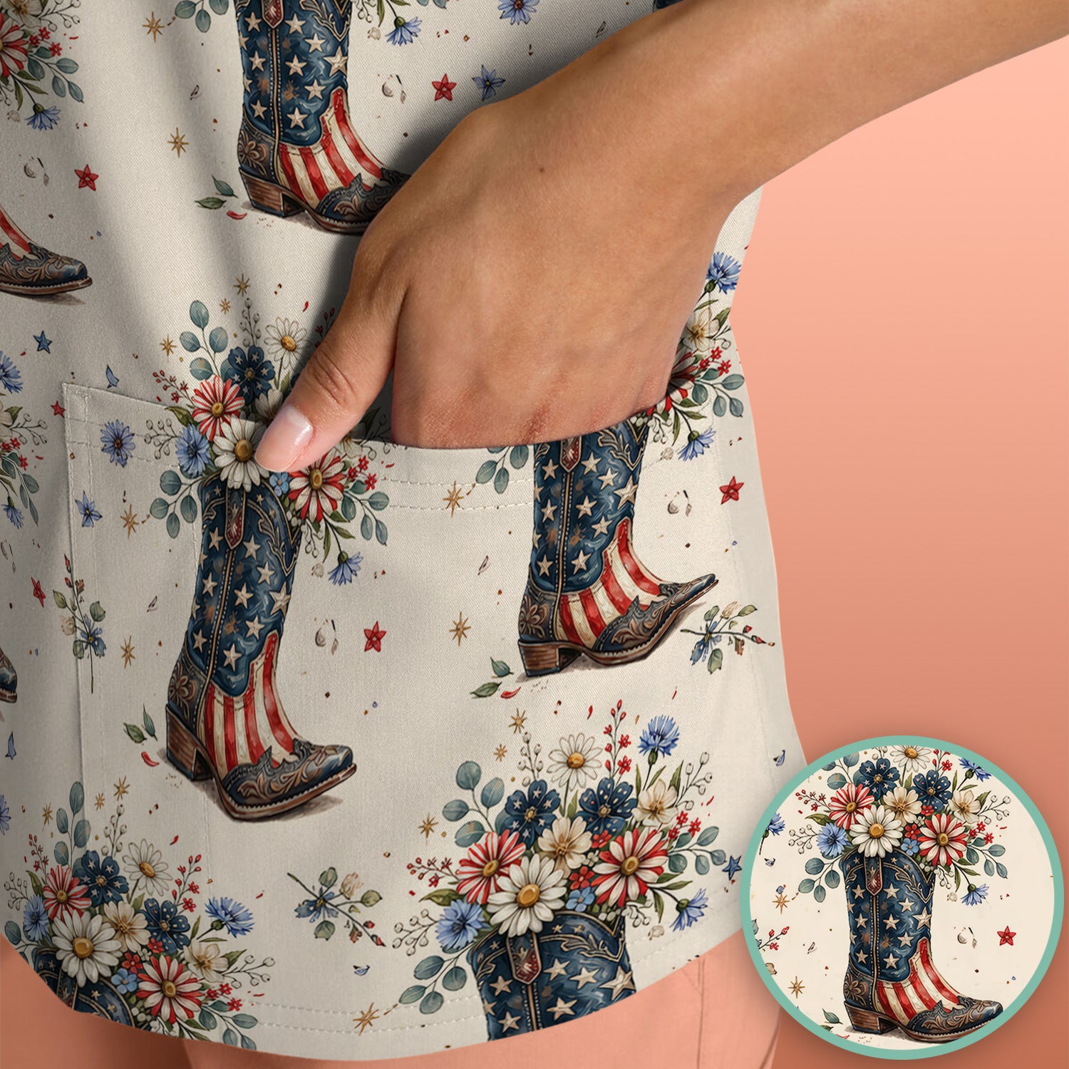Festive Patriotic Cowboy Boots Flower Pattern Scrub Top, Comfortable Scrubs for Nurses