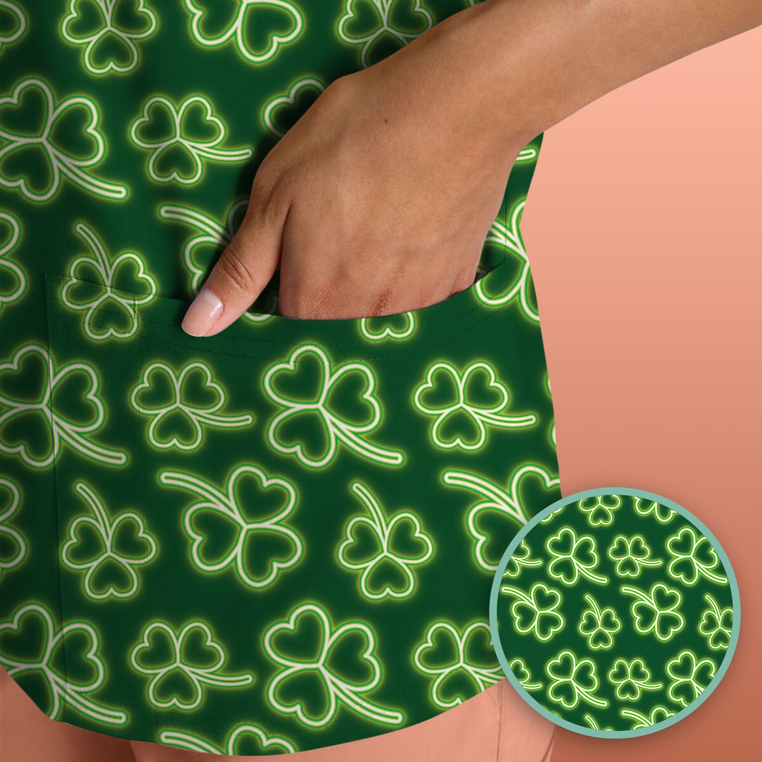 Neon Shamrock Nurse Scrub Top, St. Patrick’s Day Glow Green Pattern Pattern Shirt,  Breathable Fabrics Nursing Uniform