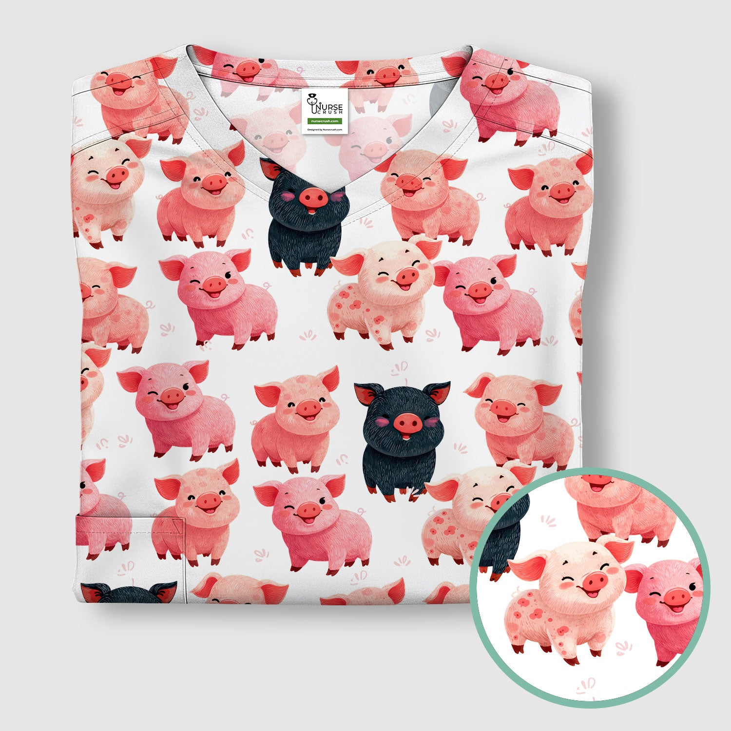 Funny Farm Pig Cartoon Pattern Scrub Top, Comfortable Scrubs for Nurses