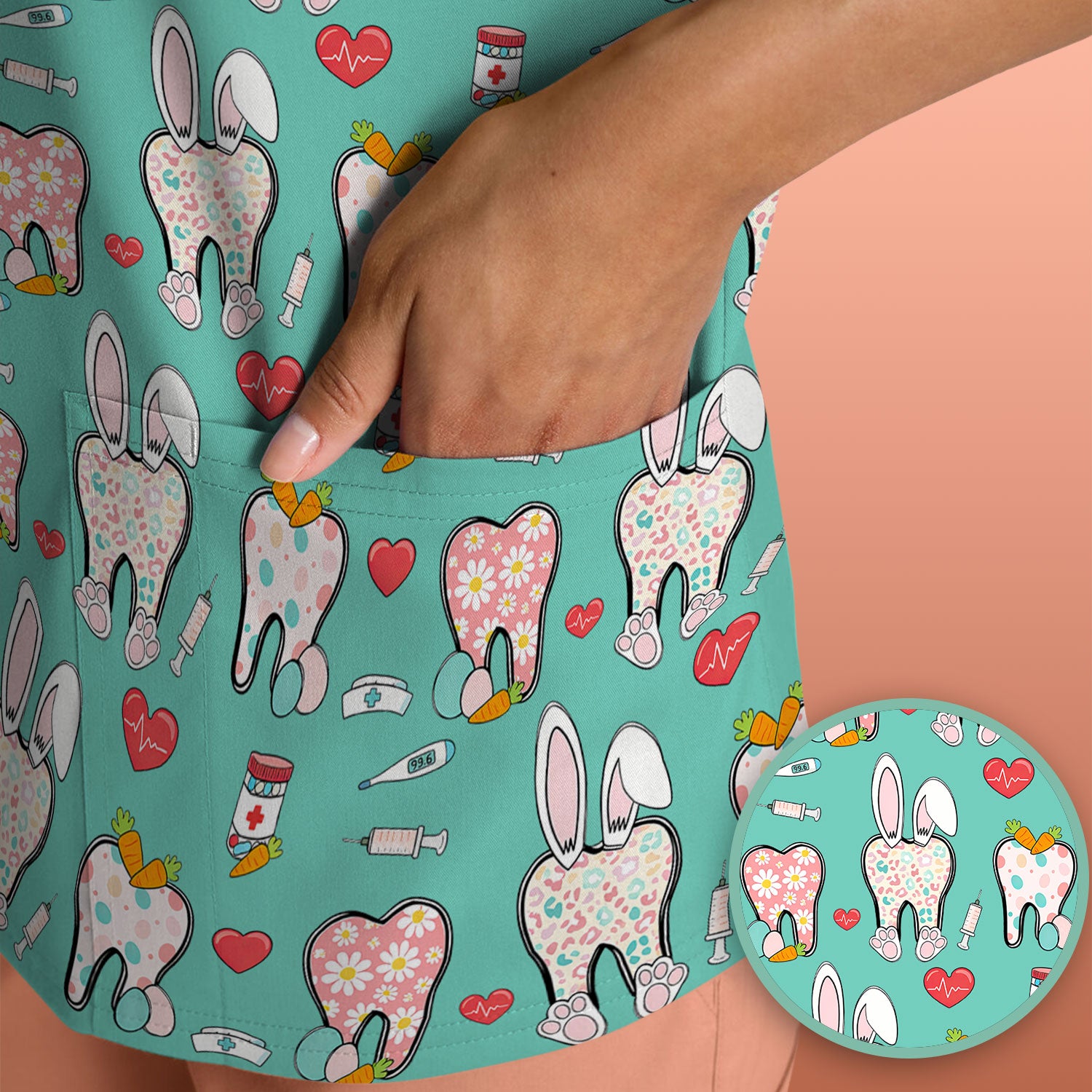 Playful Bunny Dentist Illustration Medical Scrub Top, Comfortable Scrubs for Nurses, Easter