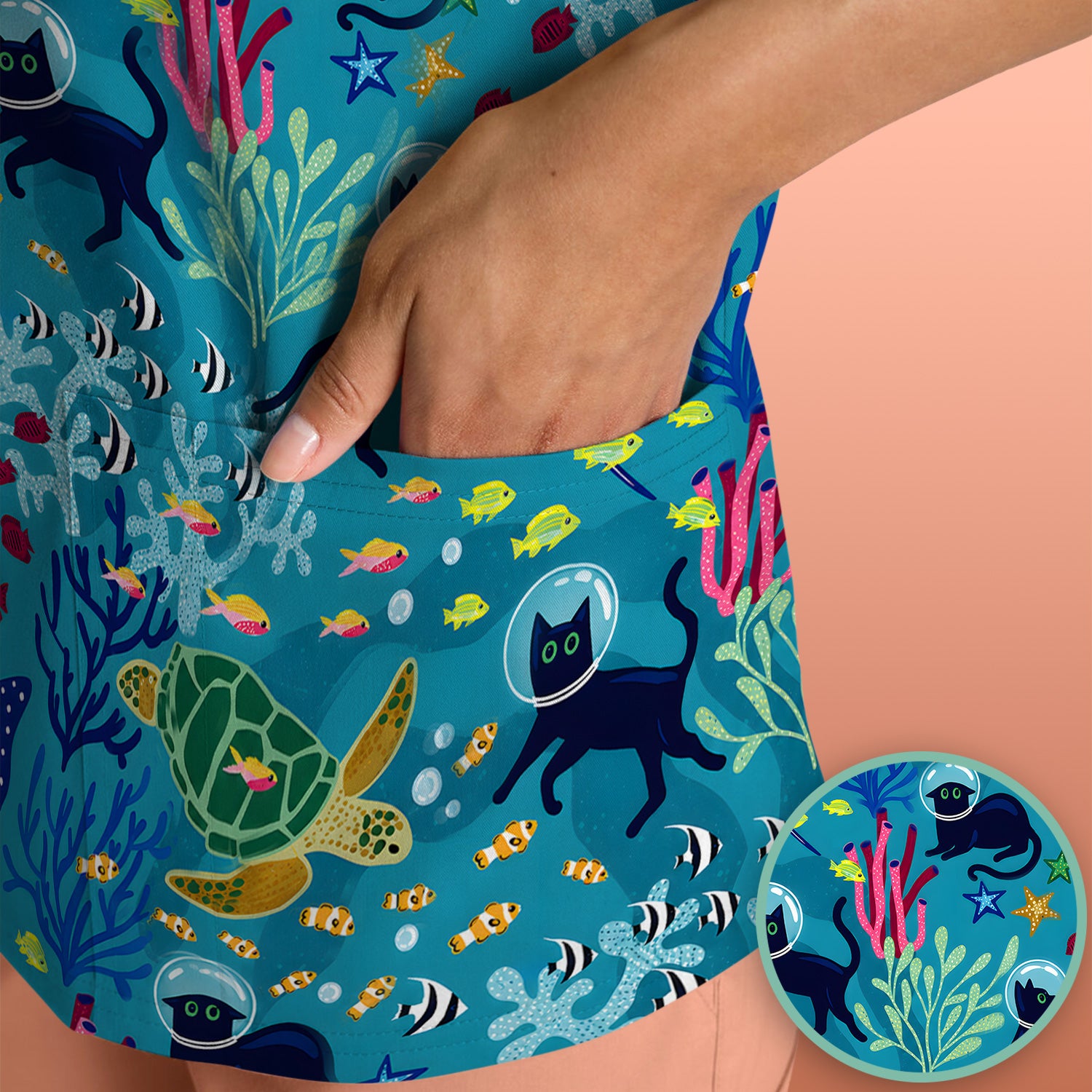 Underwater Cat Turtle Veterinary Pattern Scrub Top for RN, CNA, Ocean Medical Uniform