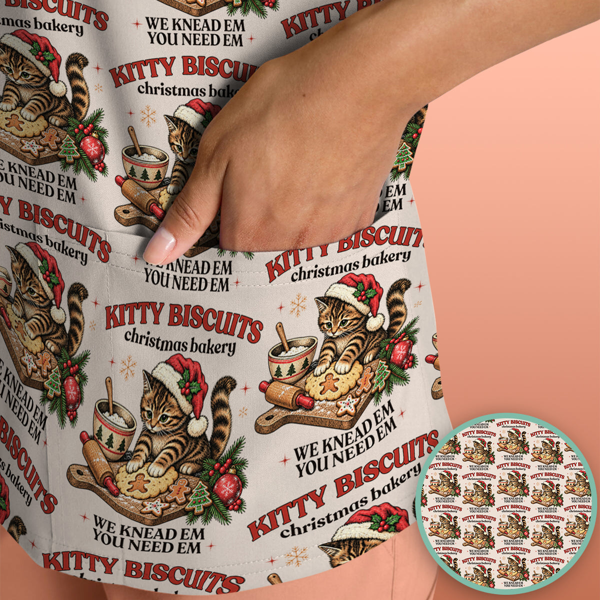 Christmas Santa And Gingerbread Pattern Scrub Top, Comfortable Scrubs for Nurses