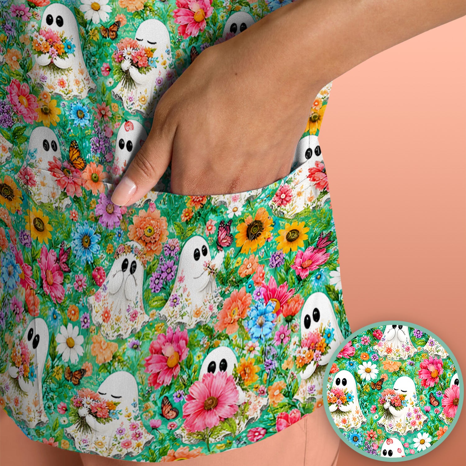 Cute Halloween Floral Ghosts Scrub Top, Comfortable Scrubs for Nurses