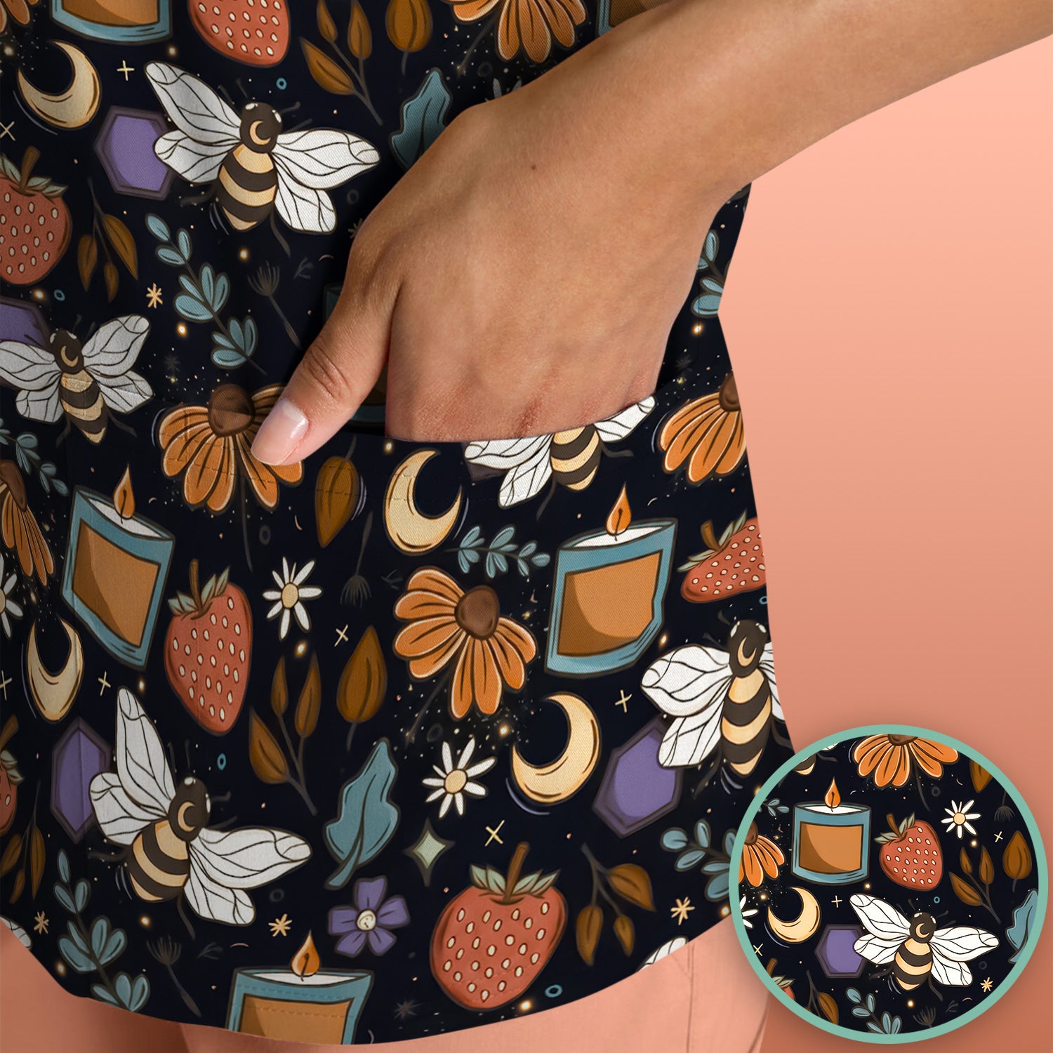 Bee Strawberry Floral Candle Pattern Scrub Top, Breathable Fabrics Nursing Uniform