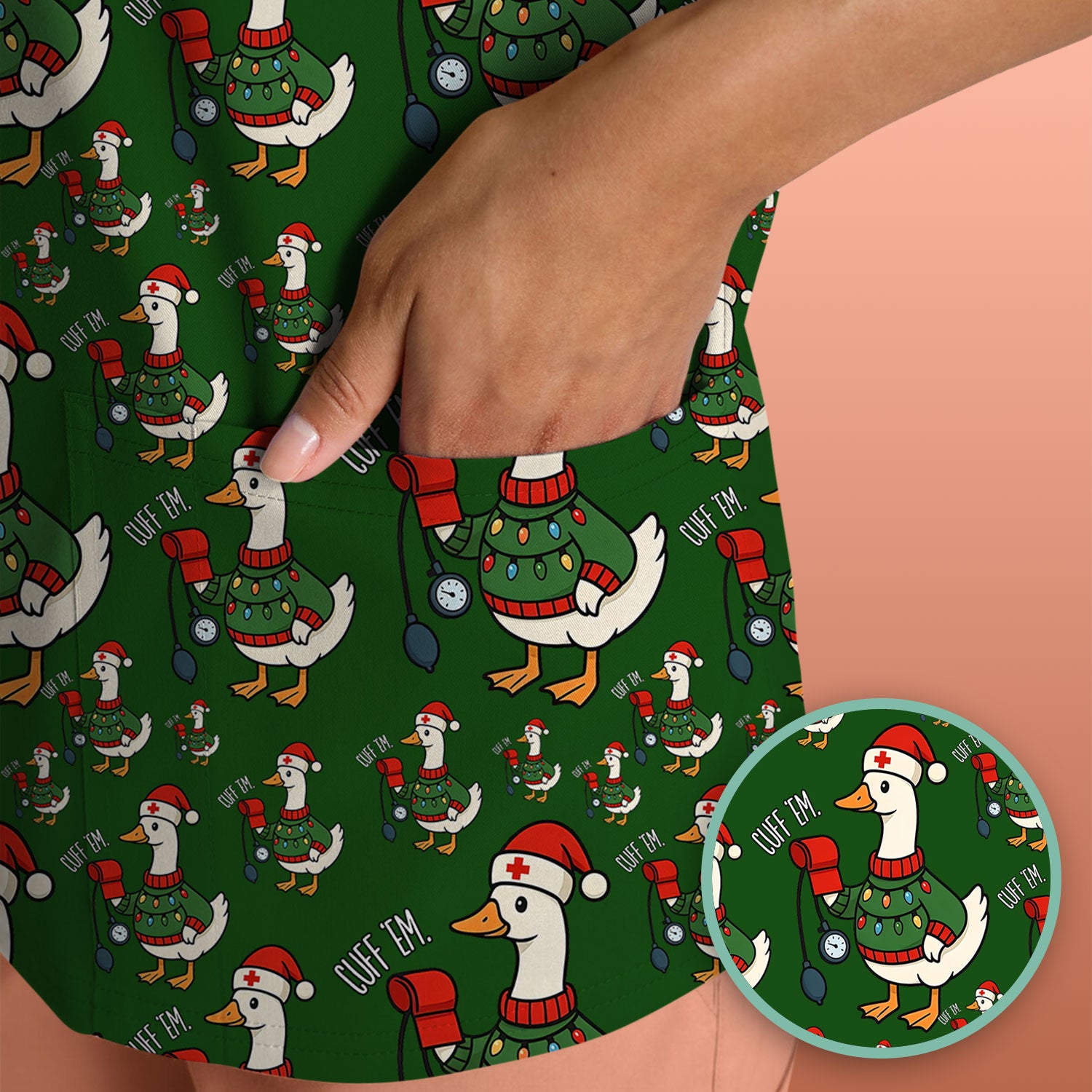 Nurse Christmas Duck Scrub Top, Cute Goose Pattern Scrub Shirt, RN LPN CNA Nursing Uniform
