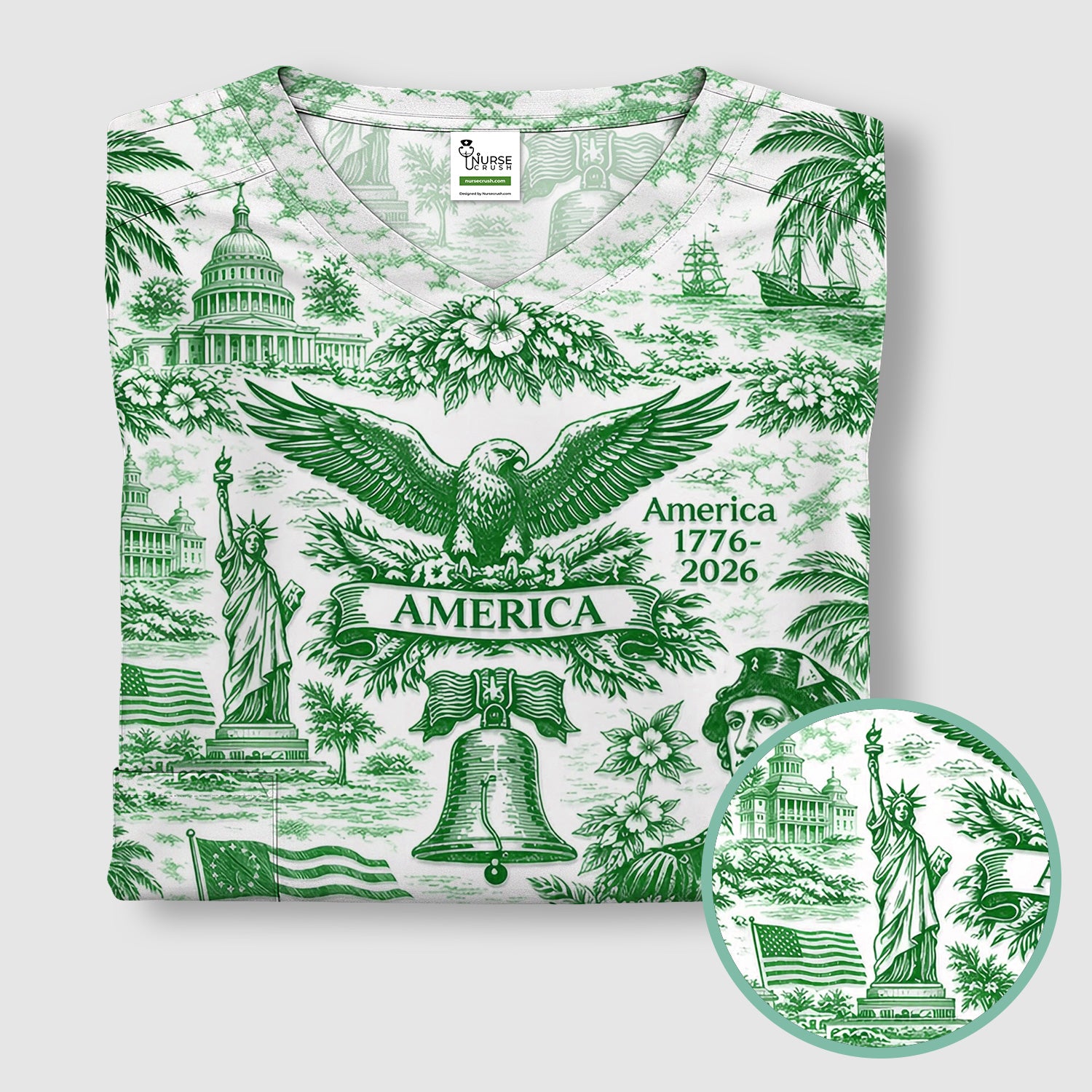 Patriotic America Heritage Toile Pattern Scrub Top, Breathable Fabrics Nursing Uniform
