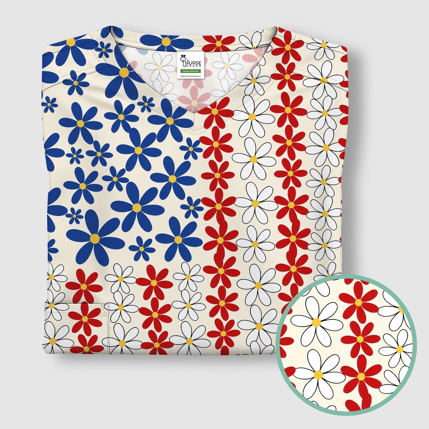 Retro Red Blue Daisy Stripe Pattern Scrub Top, Comfortable Scrubs for Nurses