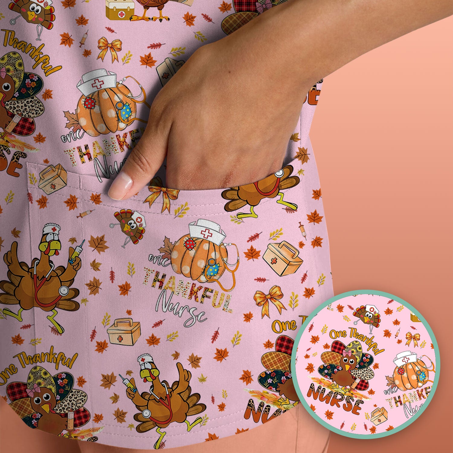 Thanksgiving Nurse Fall Scrub Top for Women - Cute Turkey and Pumpkin Shirt - Autumn Medical Shirt Gift for RN CNA LPN Doctor