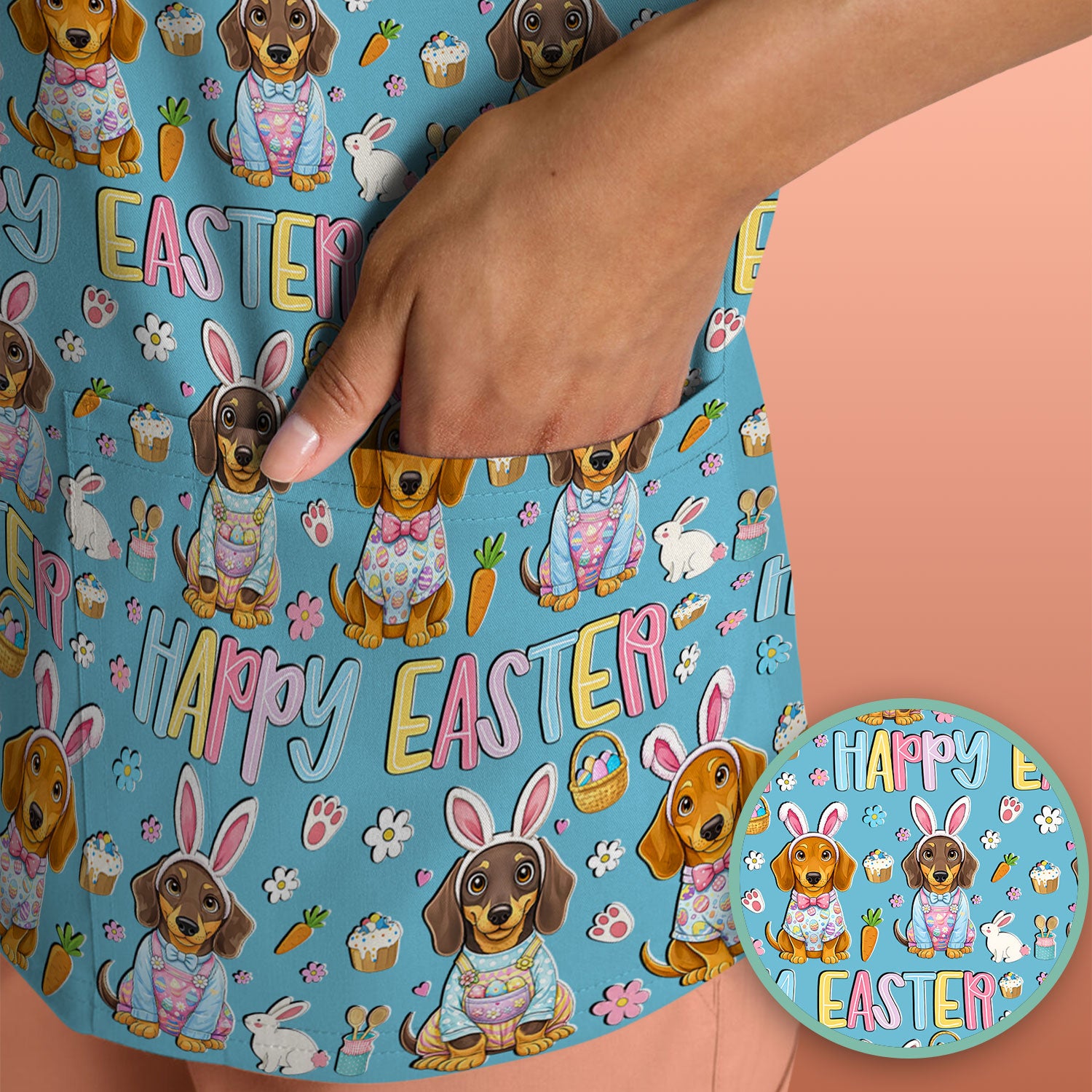Happy Easter Dachshund Bunny Print Scrub Top, Comfortable Scrubs for Nurses