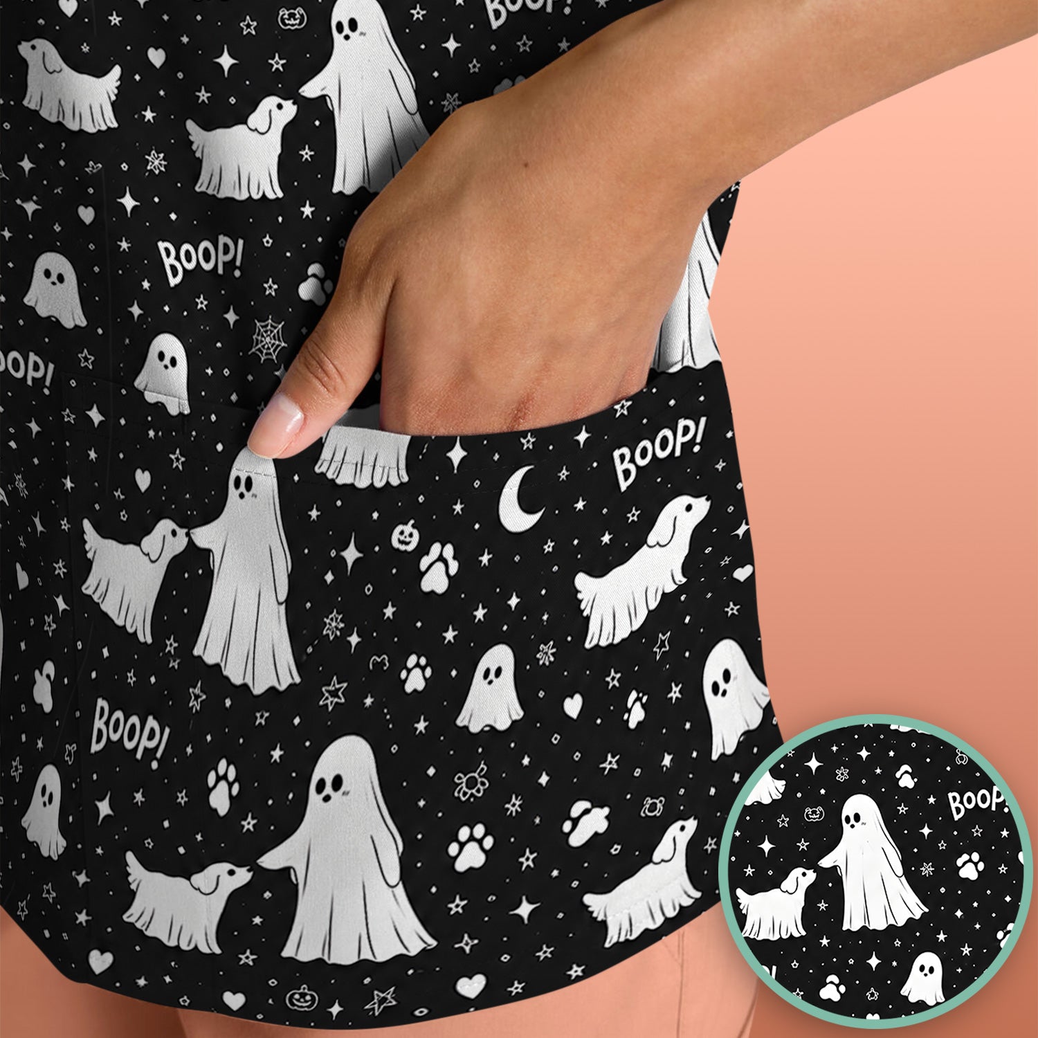 Halloween Ghost Boop Dog Pattern Scrub Top, Comfortable Scrubs for Nurses